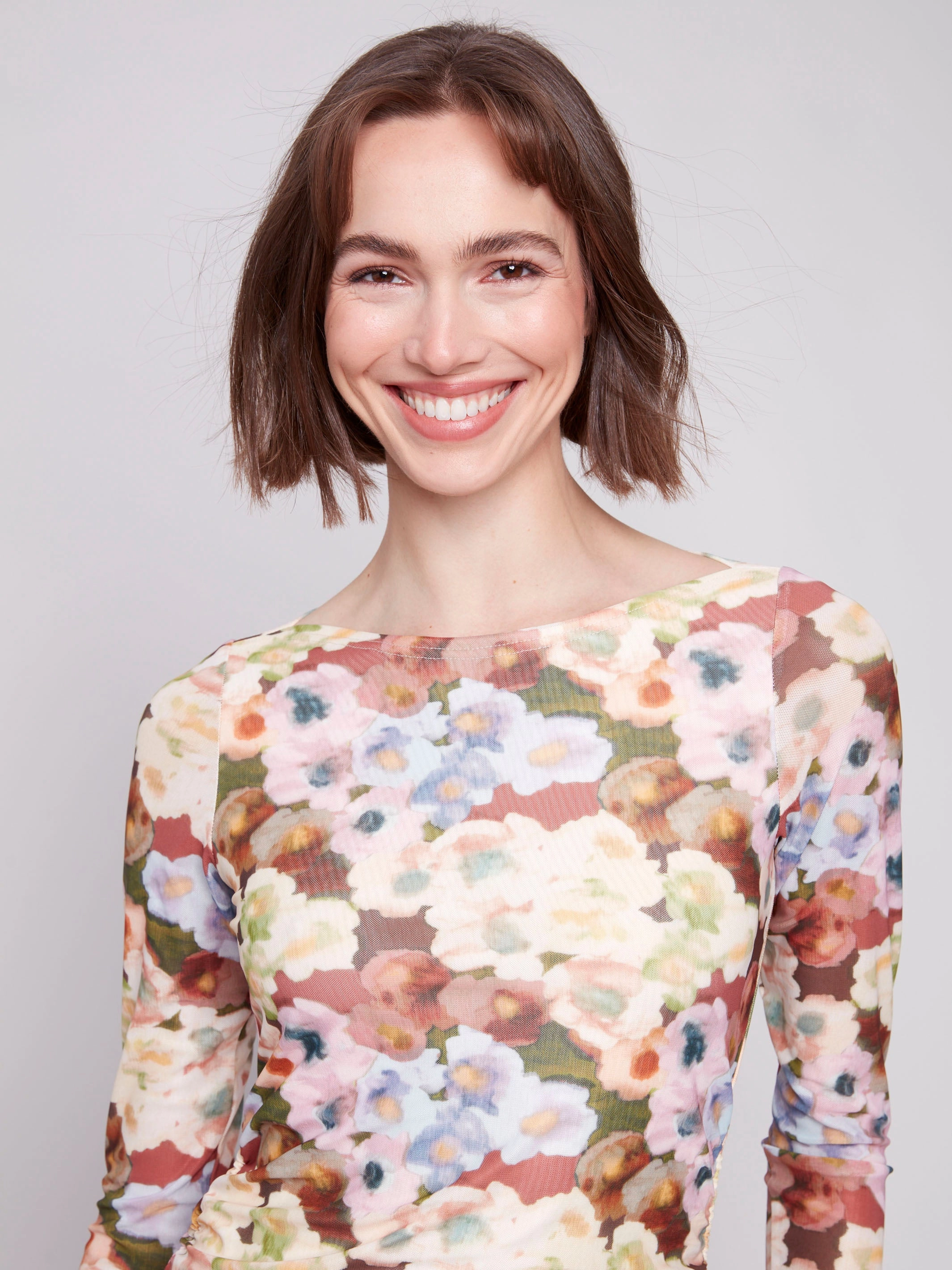 Printed Ruched Mesh Top - Botanical LowMaintenanceMaterial Garment Washed