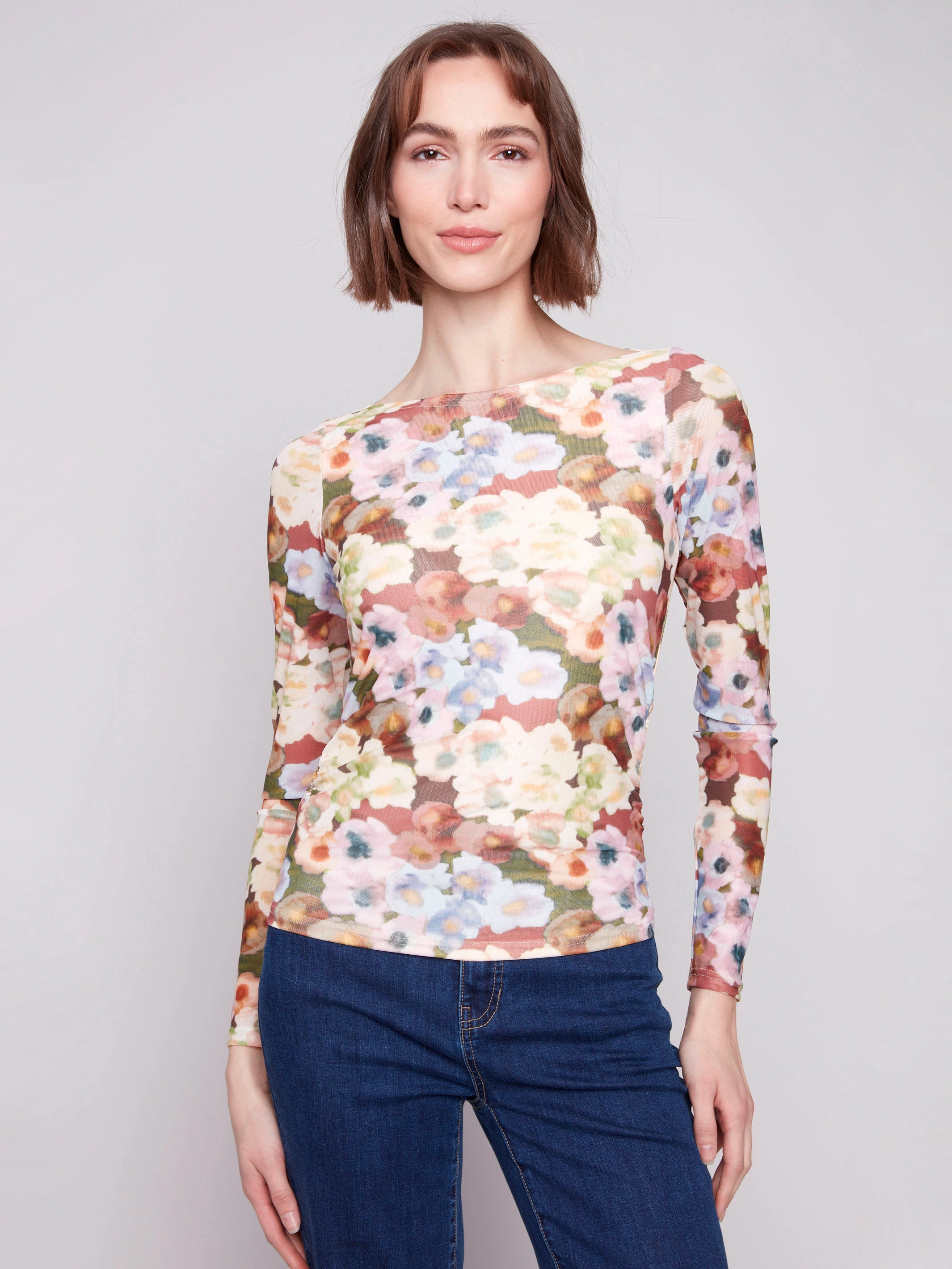 Photo Printed Ruched Mesh Top - Botanical