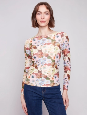 Printed Ruched Mesh Top - Botanical Lightweight Fabric