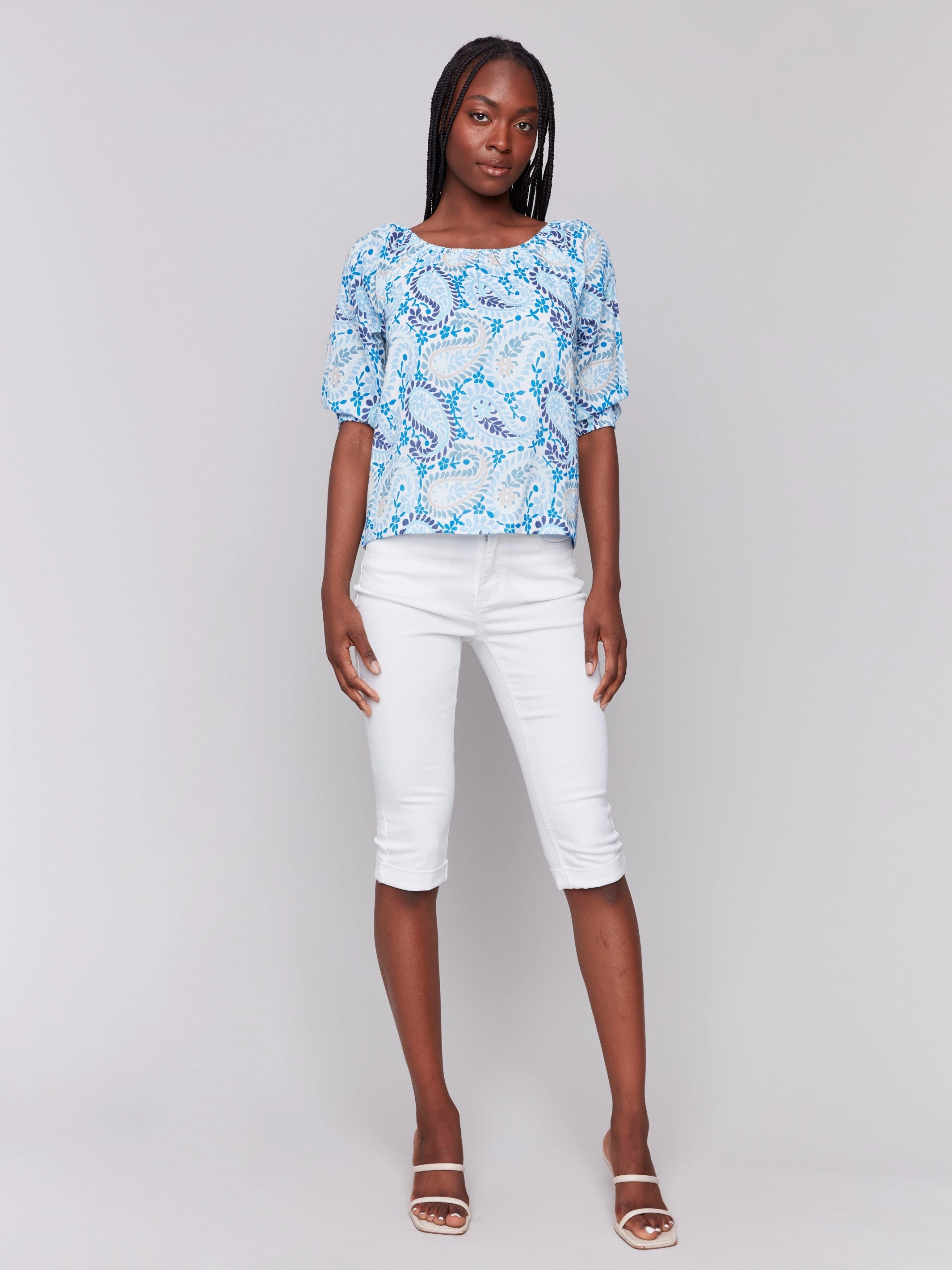Printed Off-The-Shoulder Cotton Blouse - Blue Stretchable Cloth Year-Round Favorite