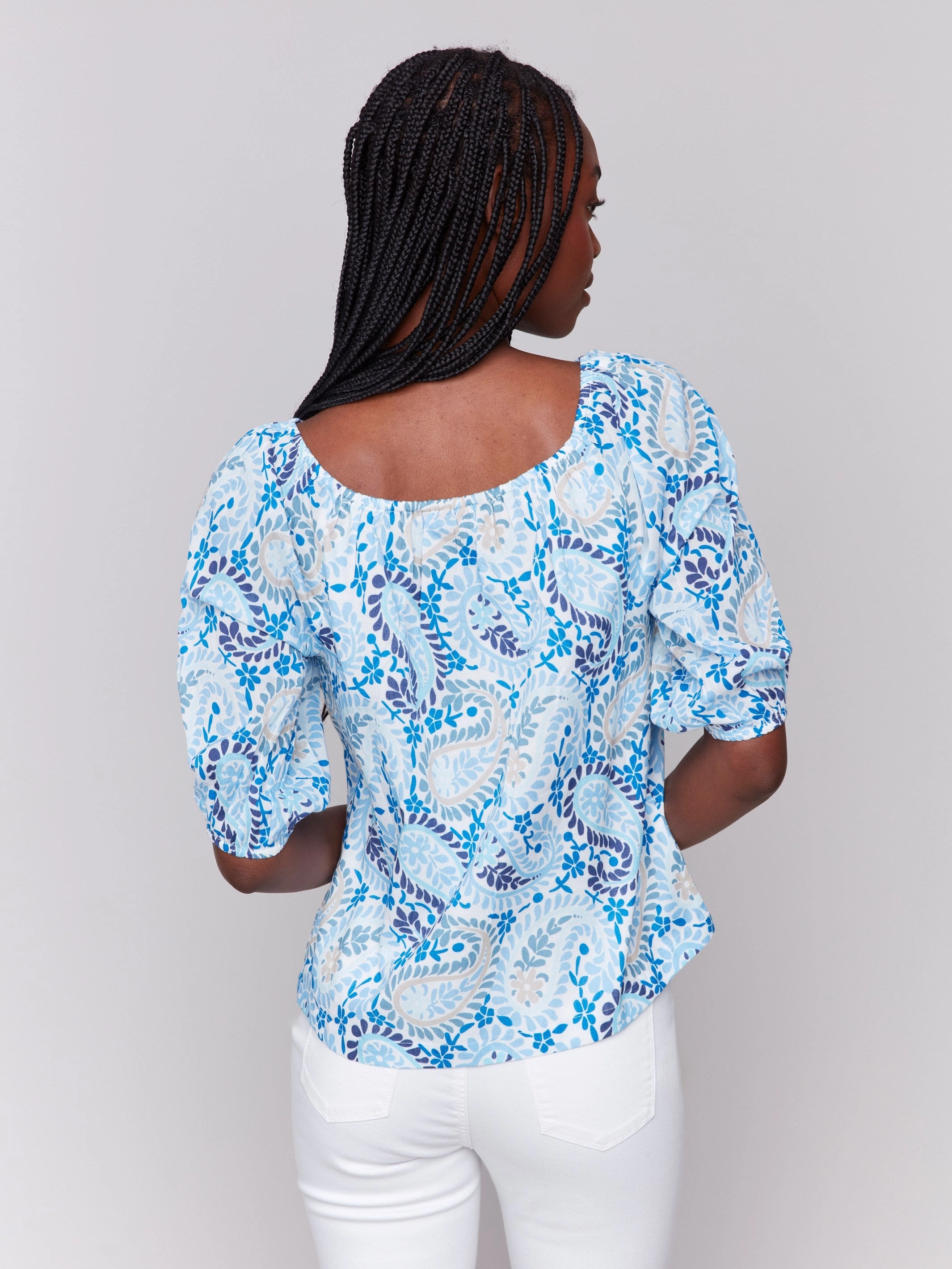 Printed Off-The-Shoulder Cotton Blouse - Blue Textured Finish Runway Inspired
