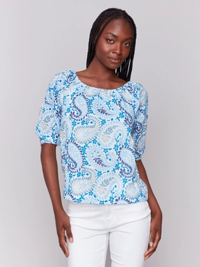 Static Dissipating Fiber Printed Off-The-Shoulder Cotton Blouse - Blue