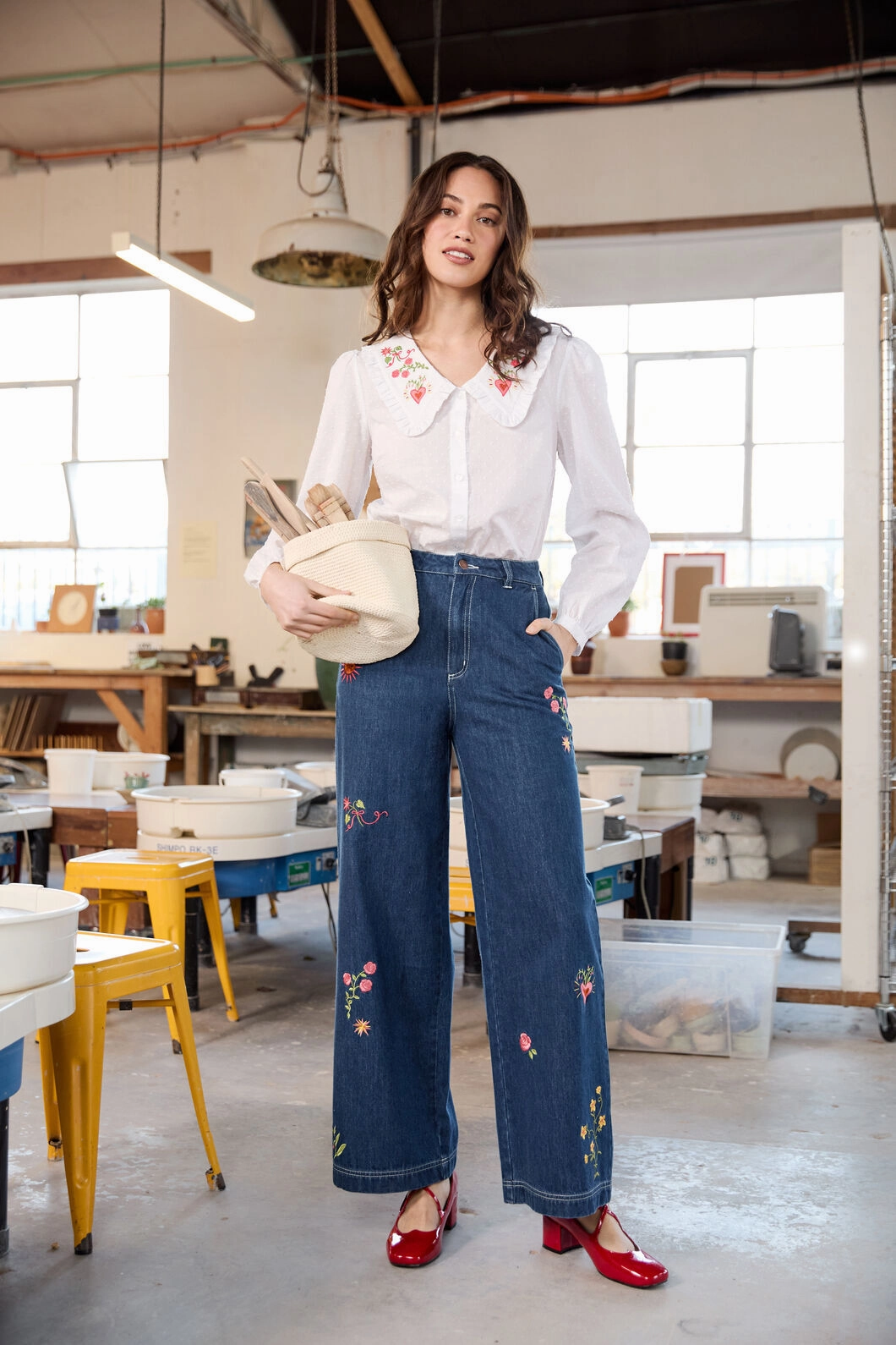 Trendy Evening Stroll Versatile Relaxed Style Folk Art Embroidered Jean