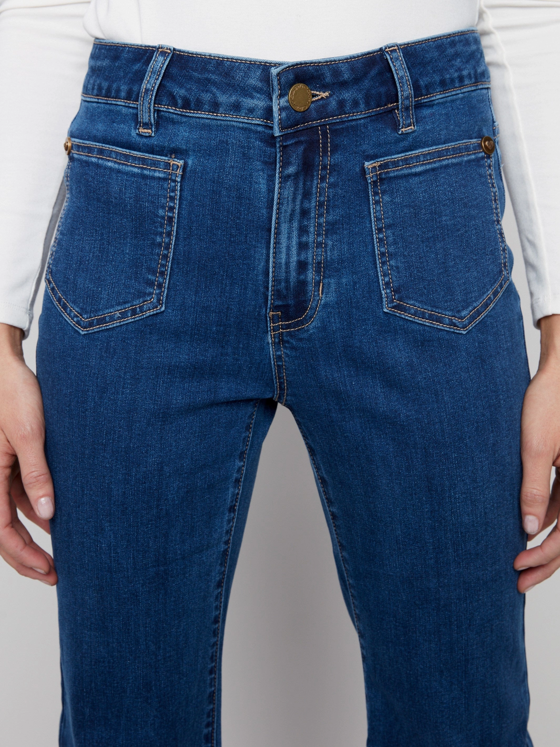 Patch Pocket Flare Jeans With Rivets - Indigo Reliable Fit Leisure Wear