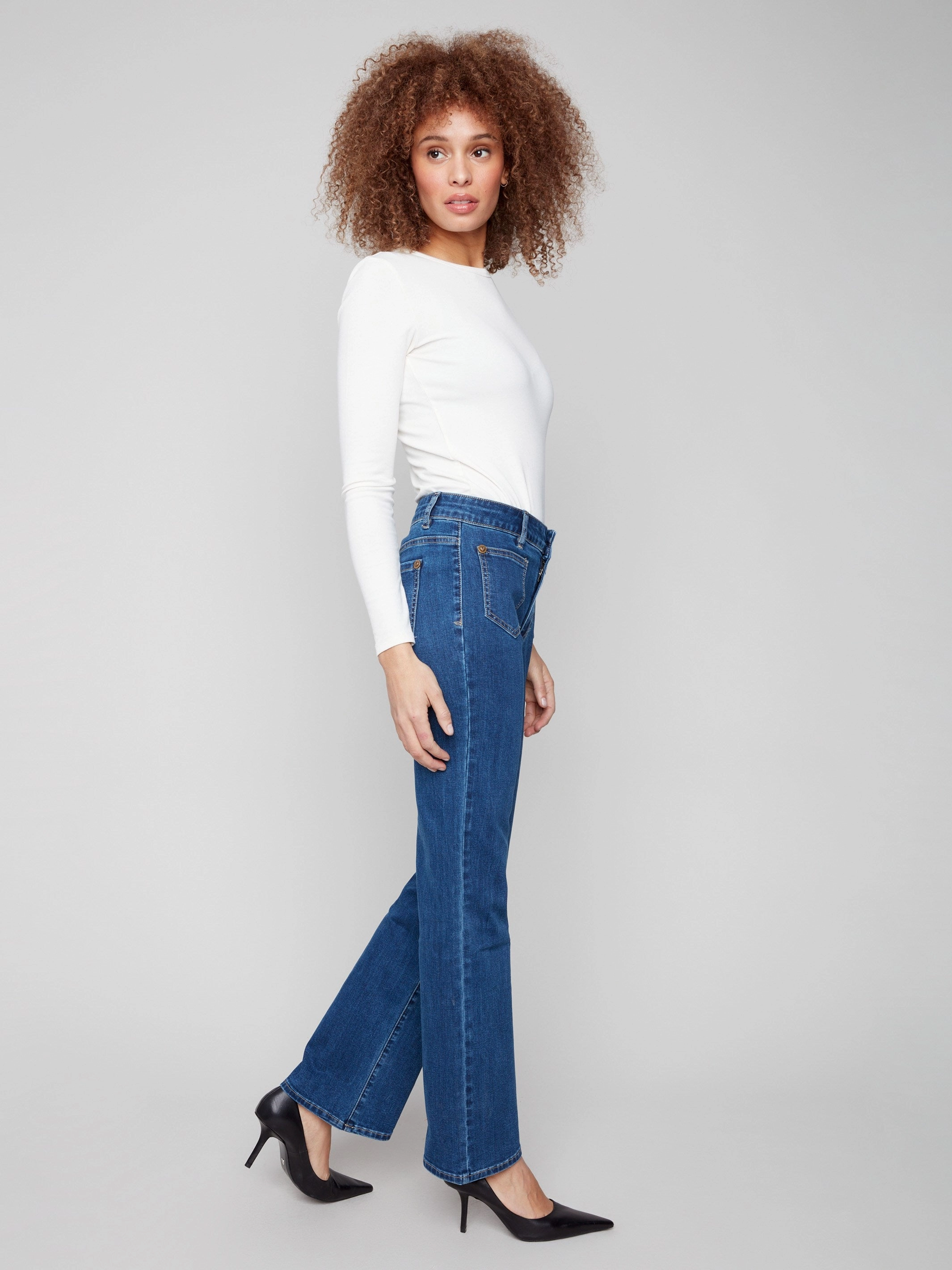 Patch Pocket Flare Jeans With Rivets - Indigo Beach Day Modern