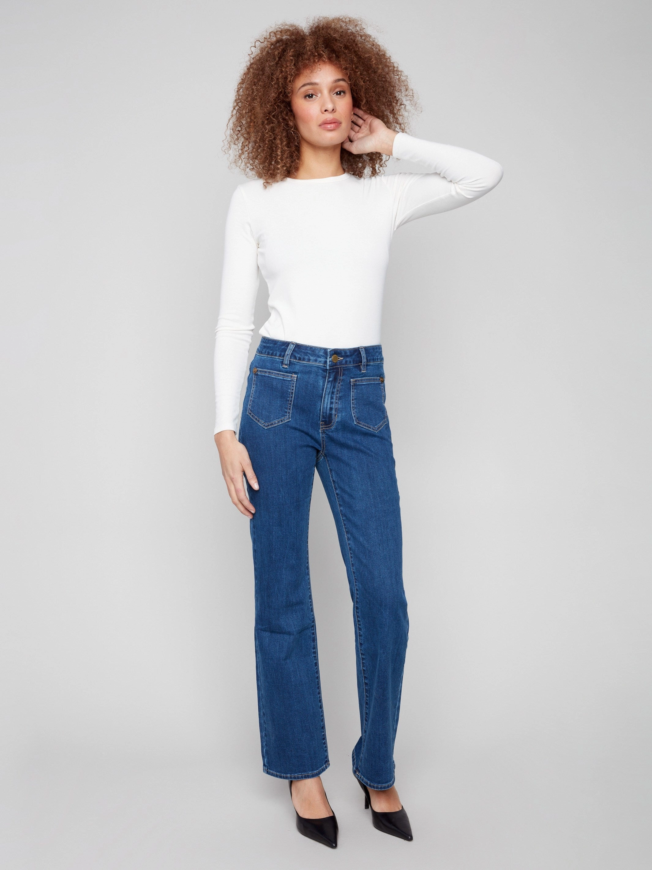 Teen Outfit Eco Friendly Travel Outfit Party Look Modern Minimalist Patch Pocket Flare Jeans With Rivets - Indigo