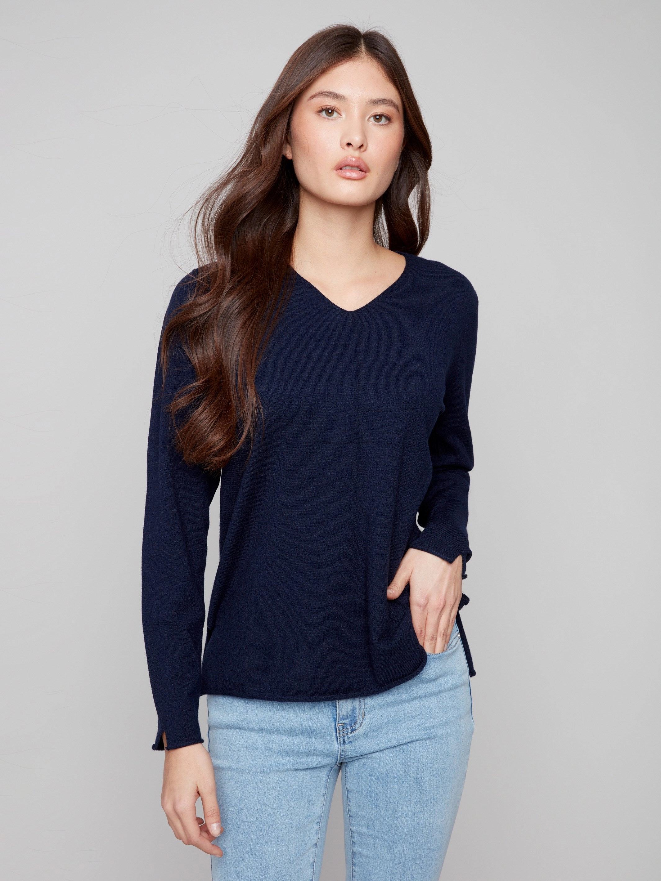 nylon Basic V-Neck Sweater - Navy