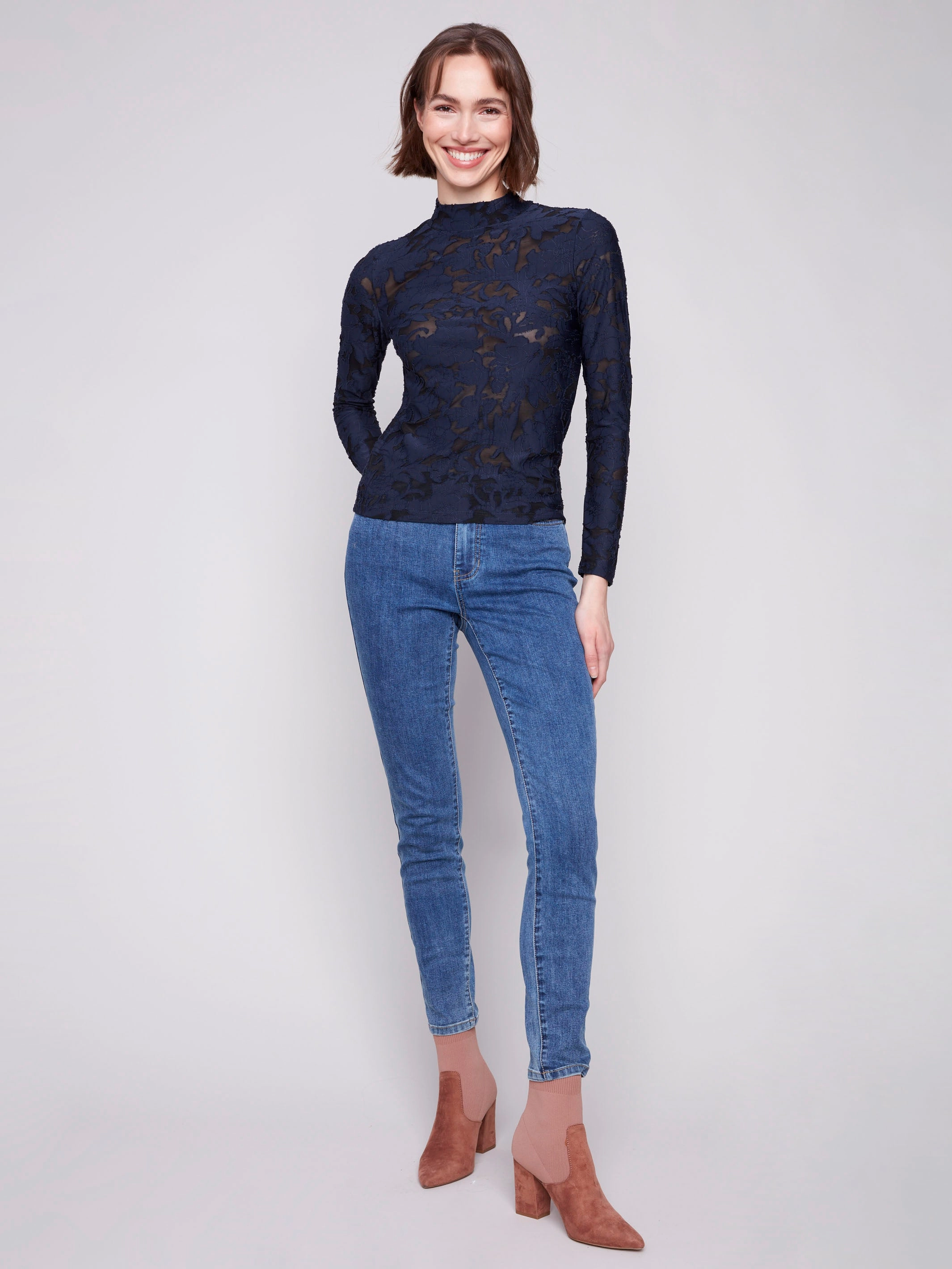 Airflow Weave Pattern Ethically Sourced Material Burnout Mesh Mock Neck Top - Blue Black