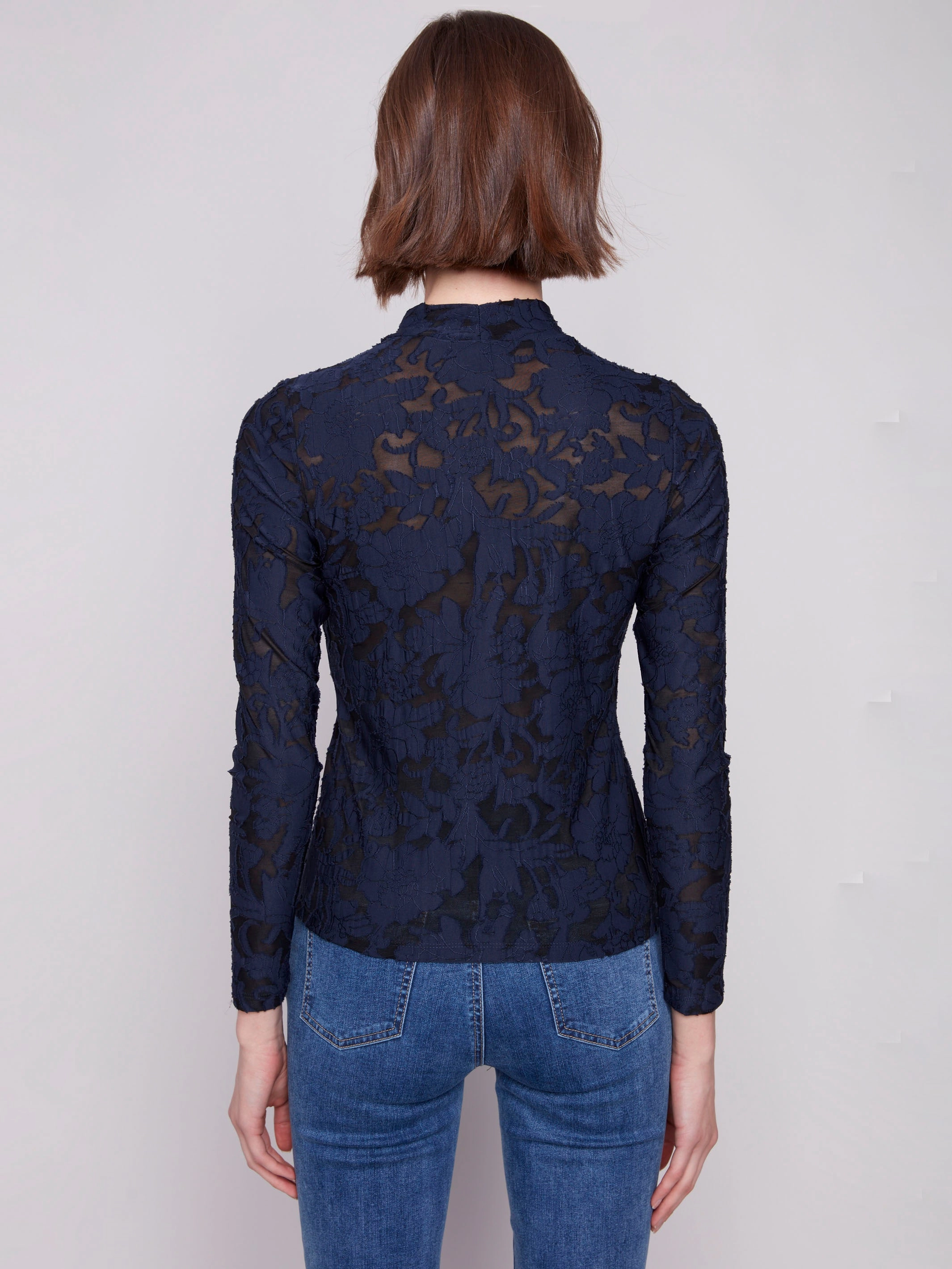 Burnout Mesh Mock Neck Top - Blue Black preshrunk Comfortable Style