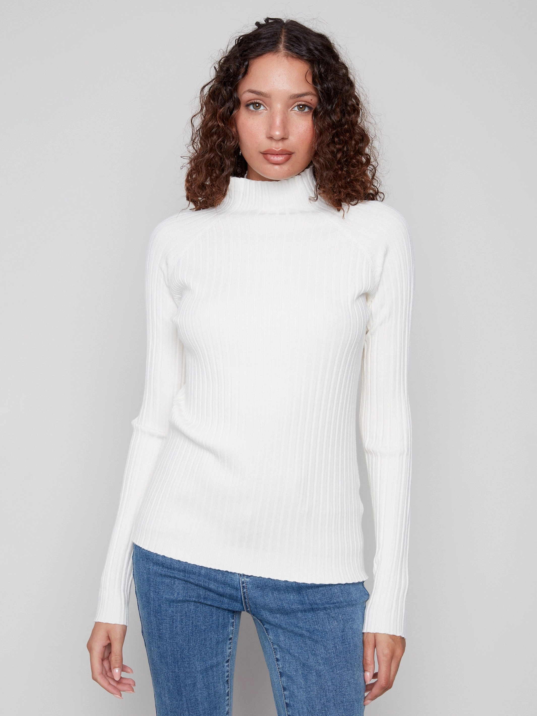 Ribbed Knit Mock Neck Sweater - Ecru embroidery