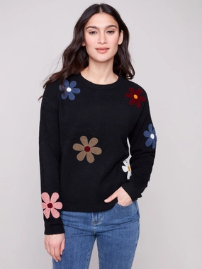 game Plush Sweater with Boucle Flowers - Black