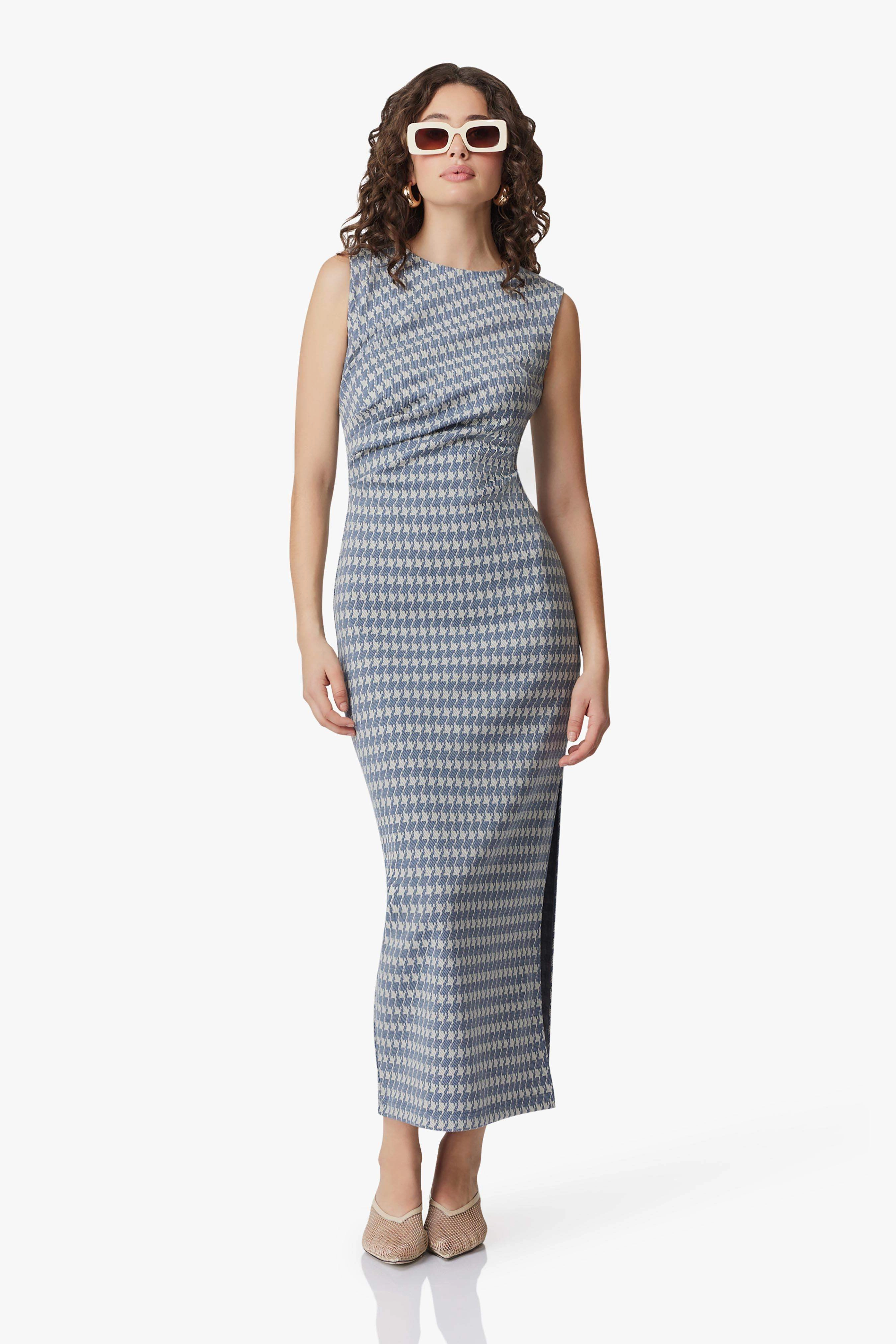 CURAAE Diana Midi Dress In Blue & White Stylish Choice Feminine Structure