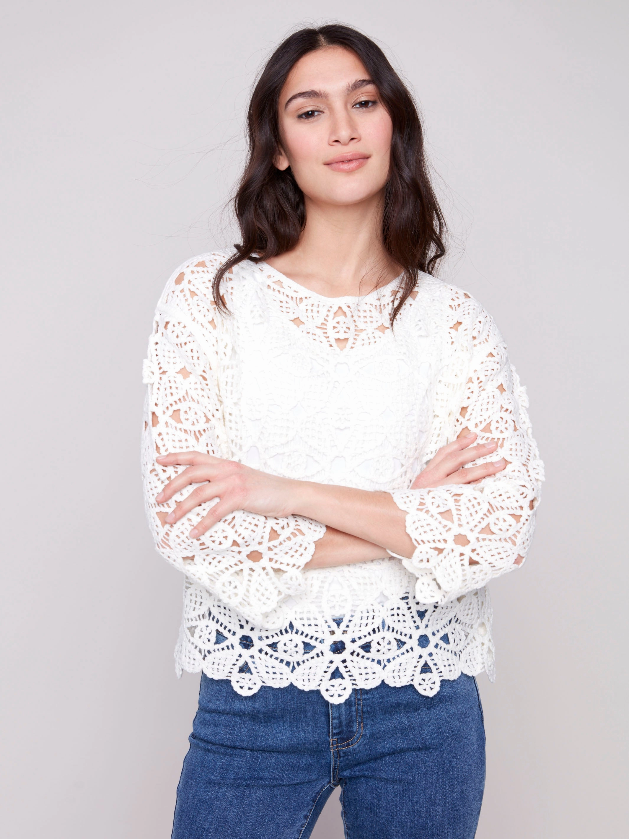 Cotton Blend Crochet Top - Natural Button-up