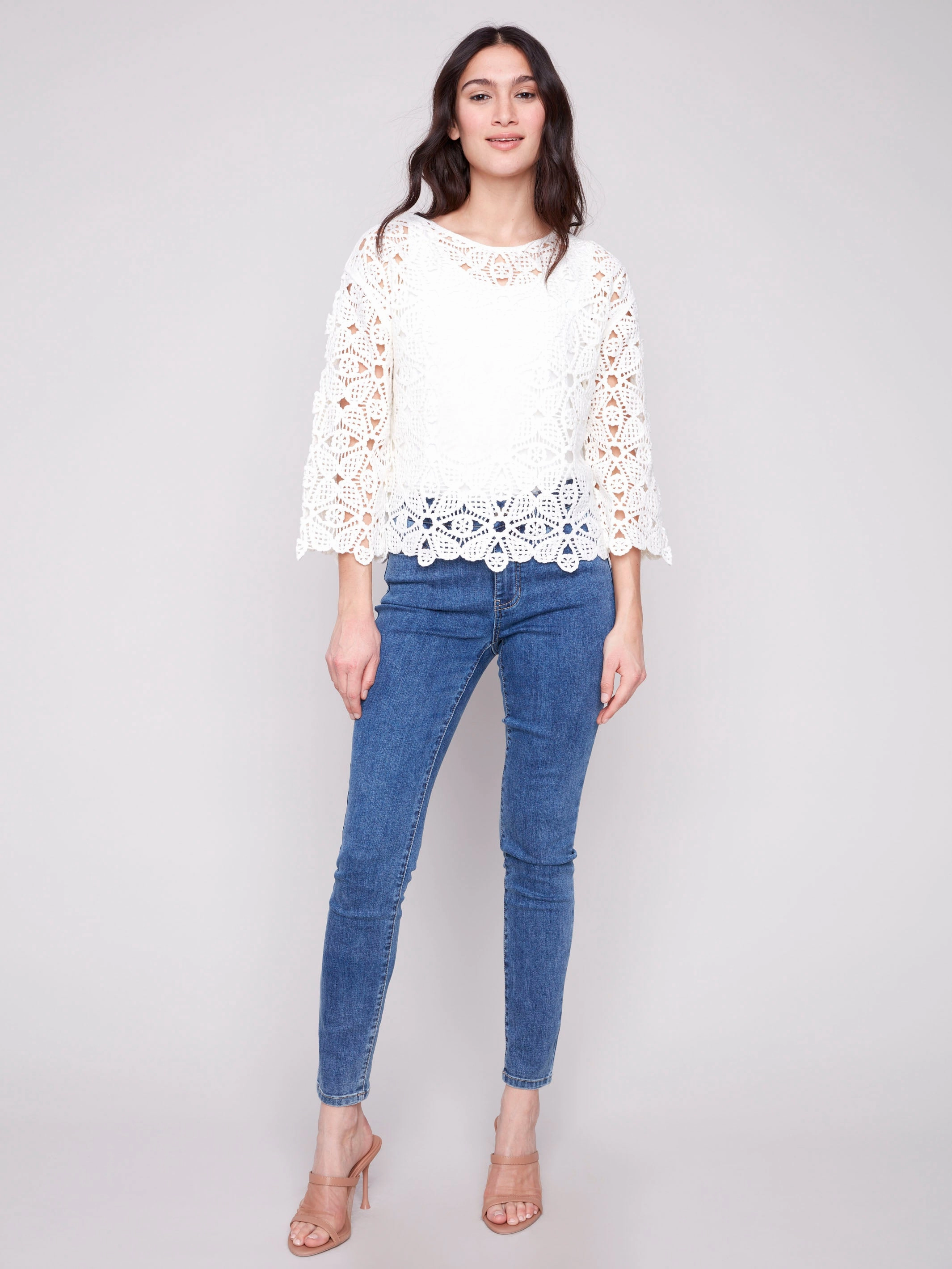 Cotton Blend Crochet Top - Natural Hidden Button Placket Trendsetter Choice