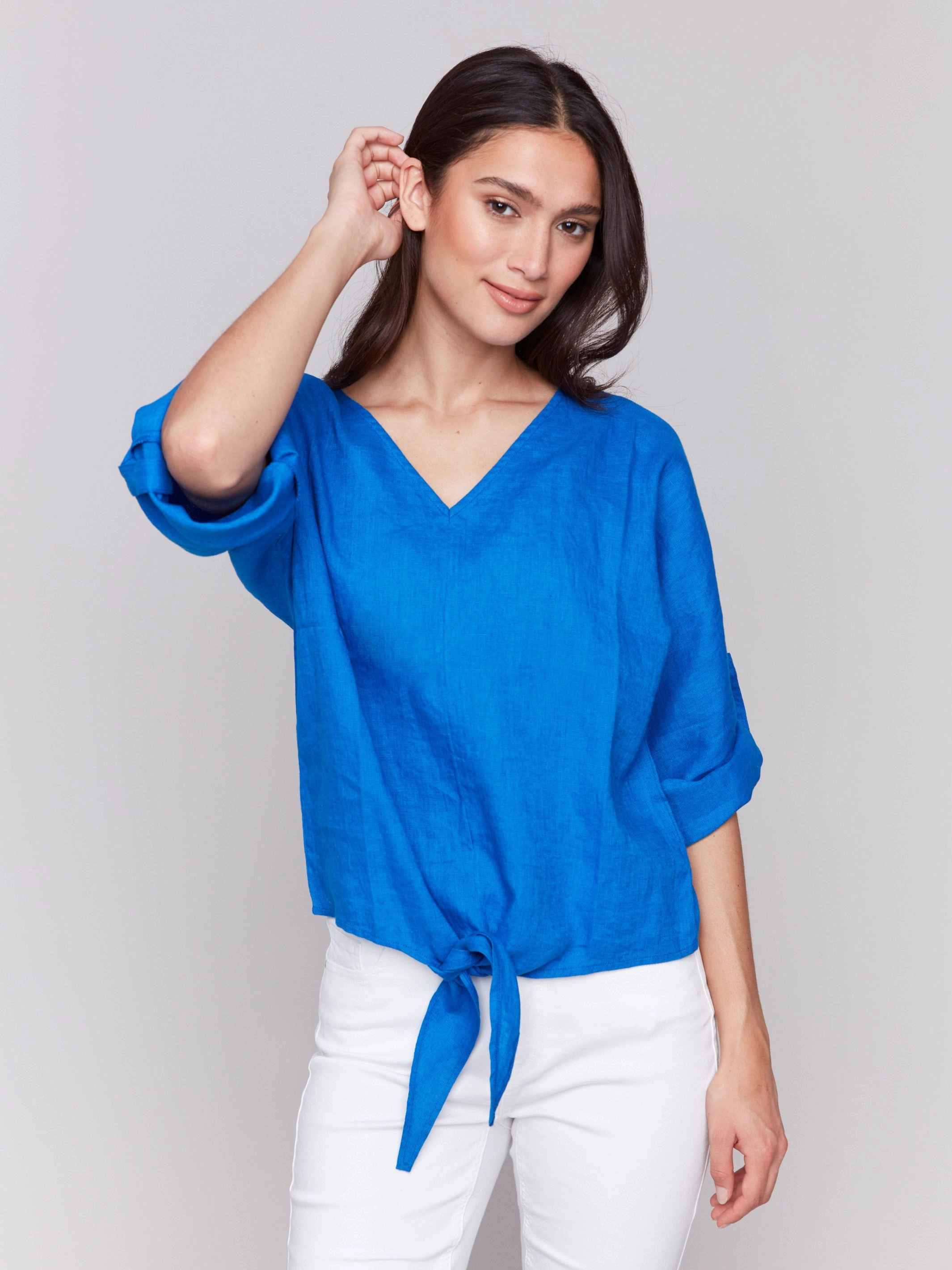 Stylish Detail Linen Blend 3/4 Sleeve Top with Front Tie - Coastal