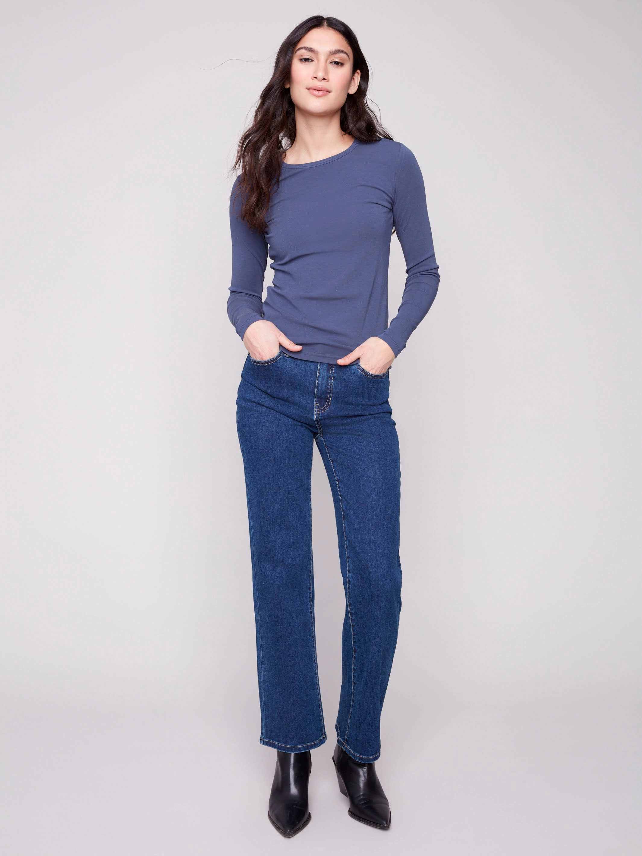 Summer Polo Bamboo Fiber Fabric Cotton Blend Long Sleeve Crew Neck Top - Denim