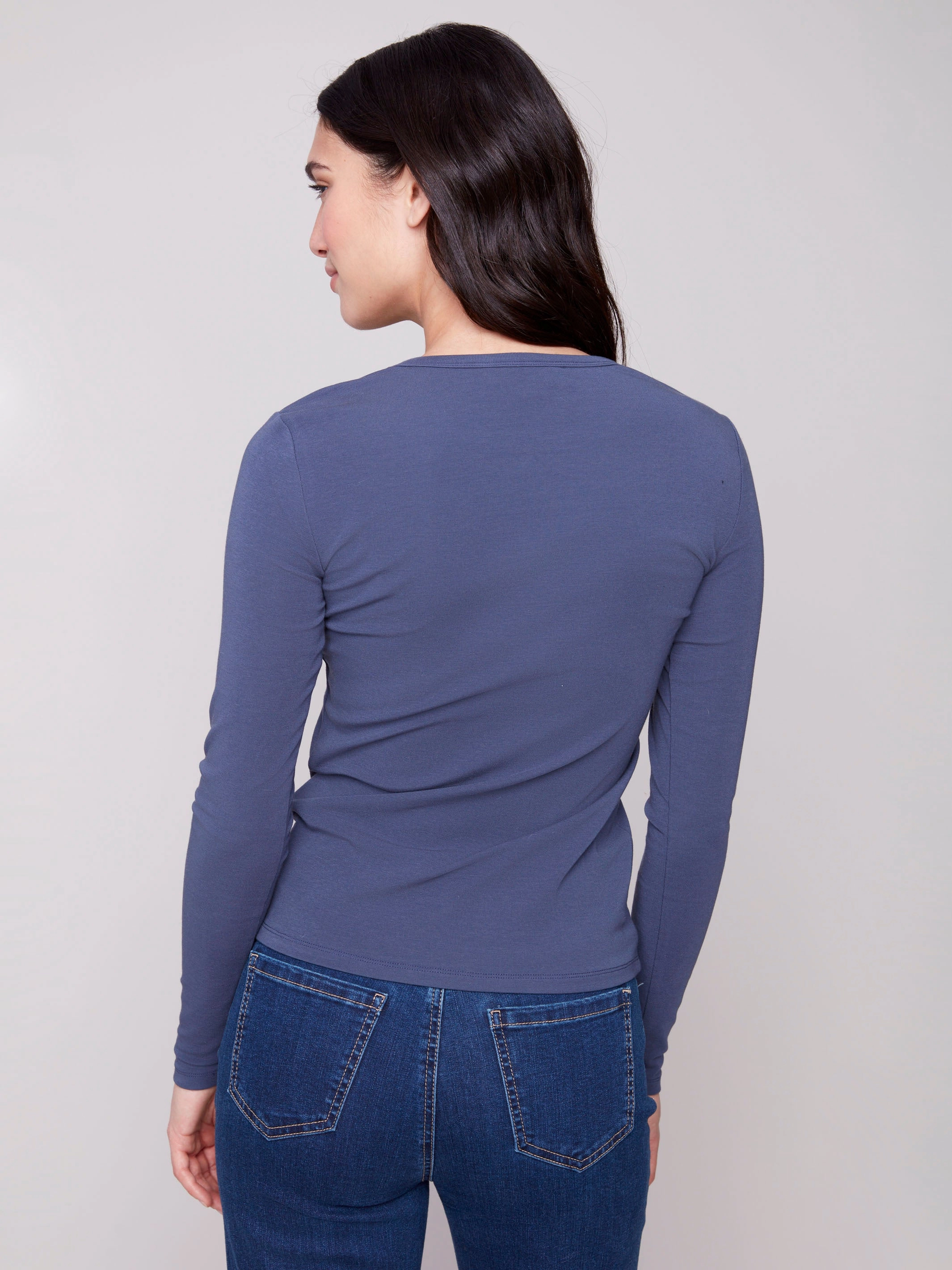 Cotton Blend Long Sleeve Crew Neck Top - Denim Summer Wardrobe