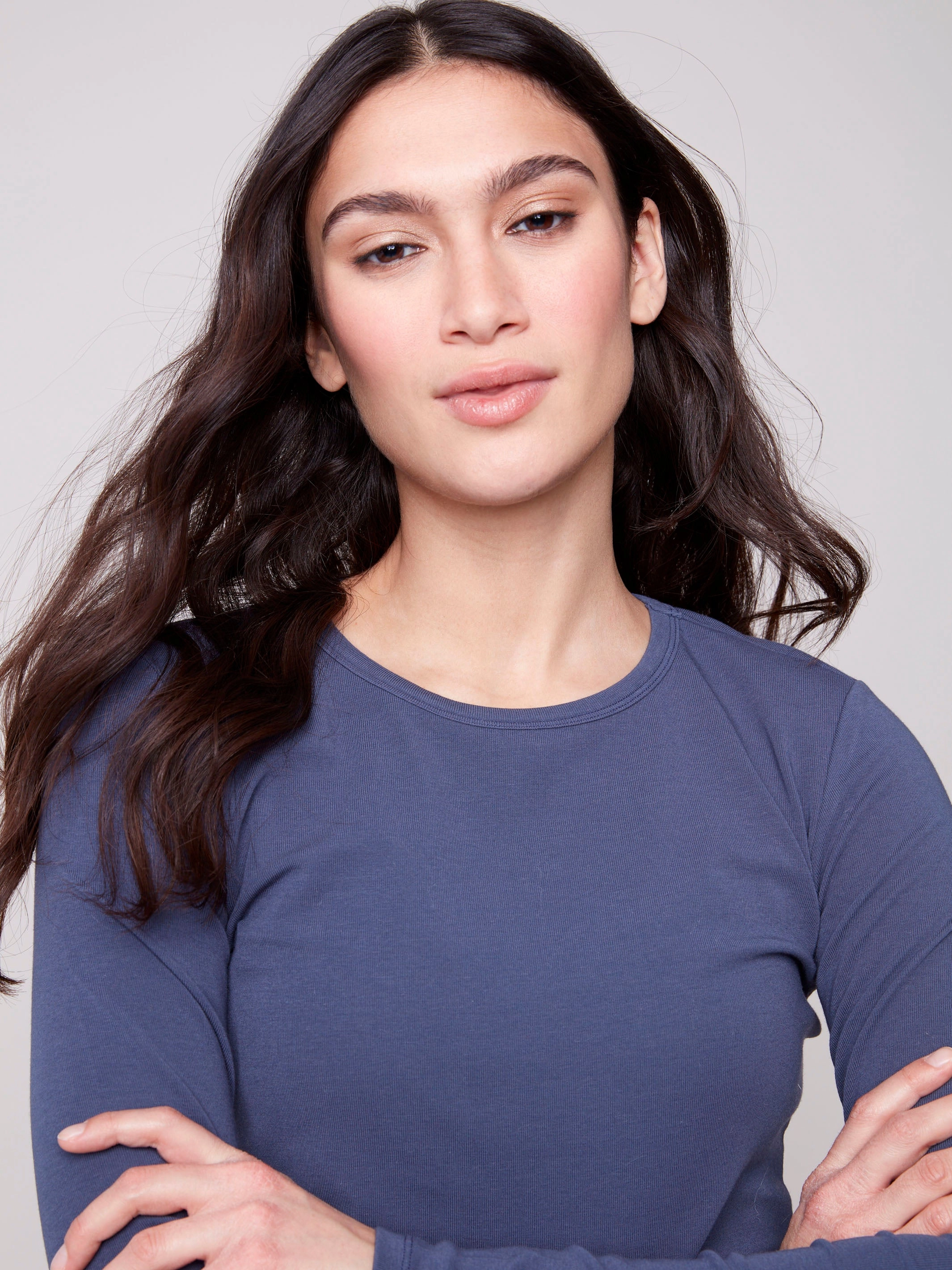 Eco Conscious Packaging Cotton Blend Long Sleeve Crew Neck Top - Denim