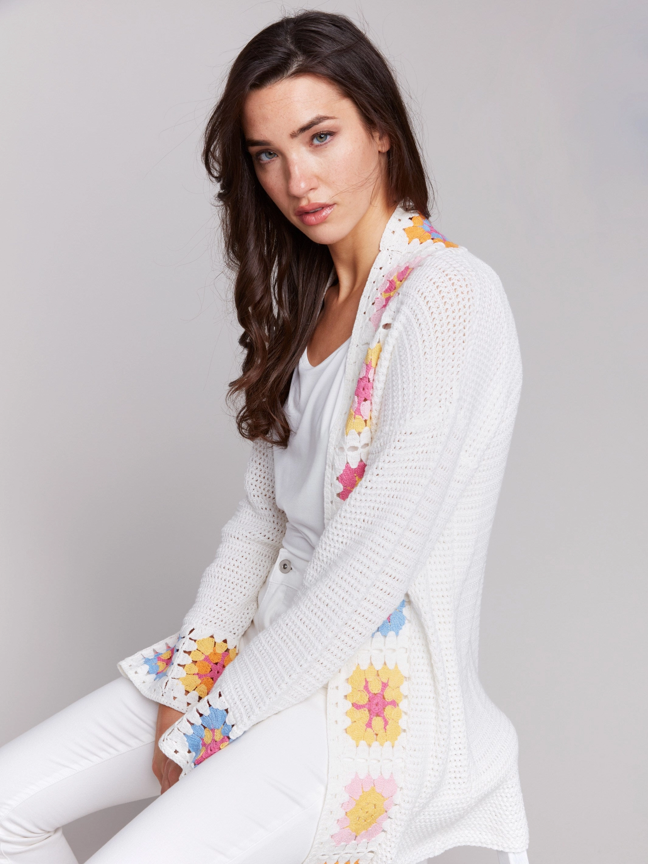 Cotton Crochet Border Cardigan - Natural Warm and Soft