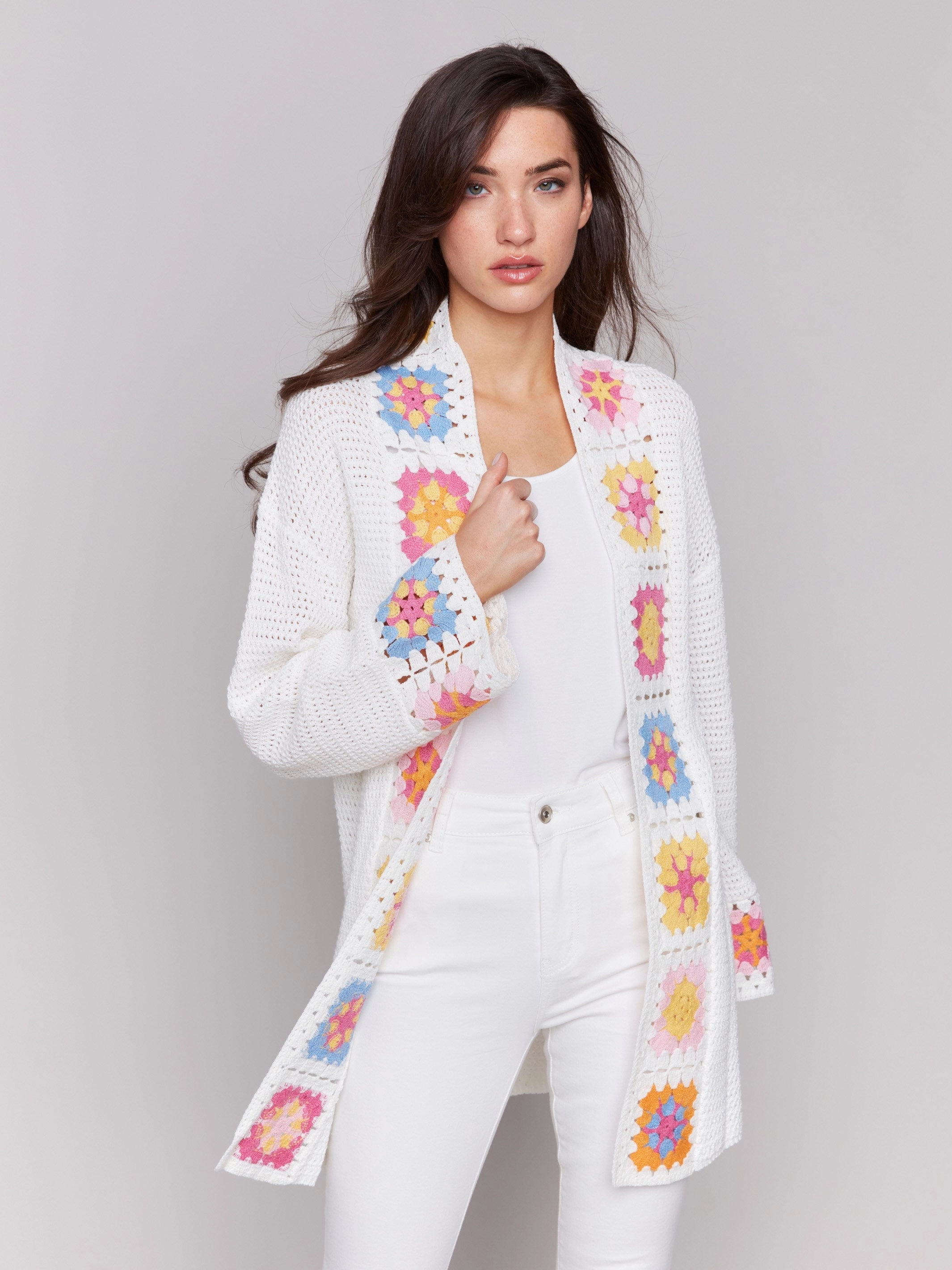 Flexible Fit Cotton Crochet Border Cardigan - Natural