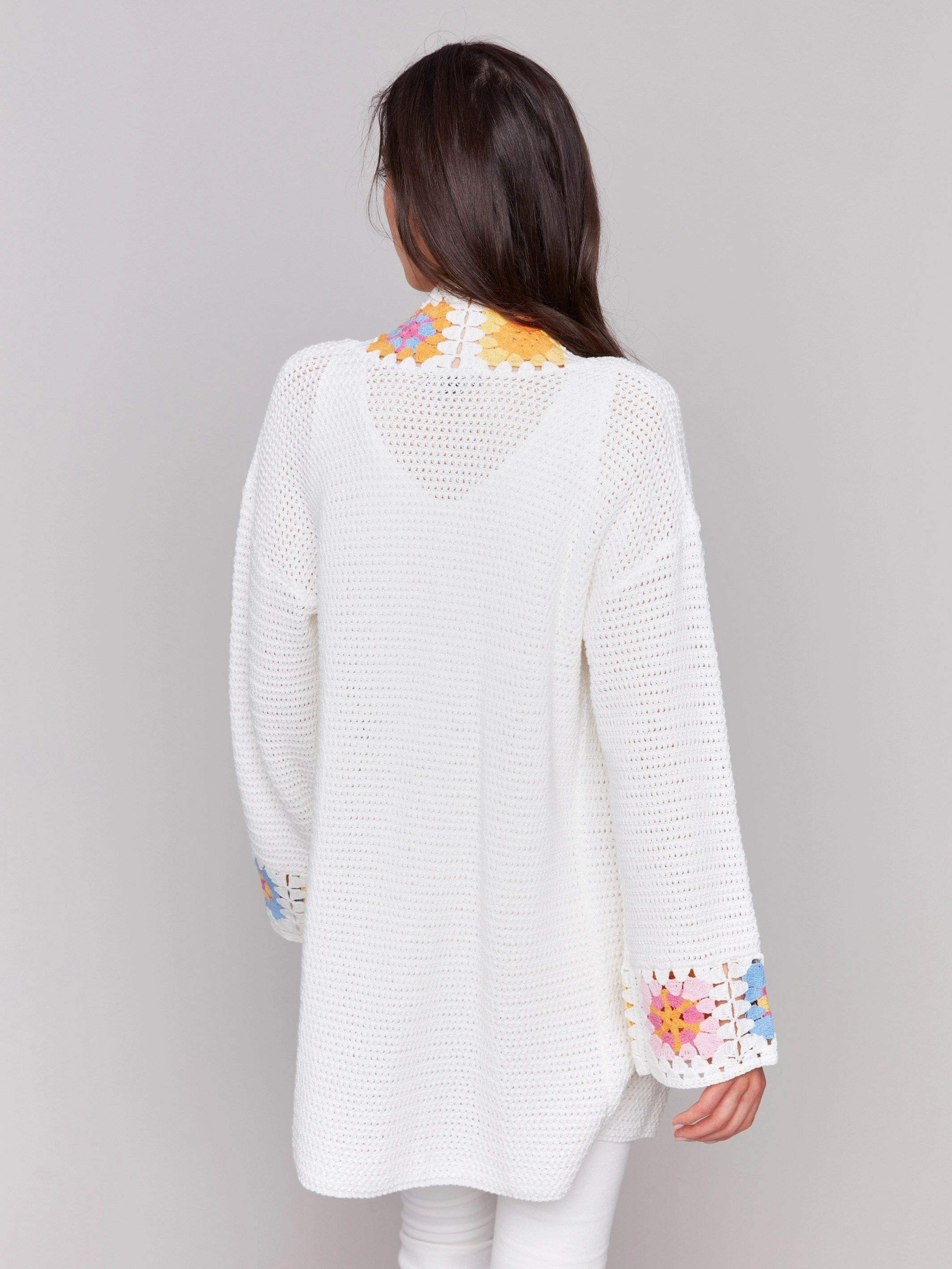 Resilient Stretch Fabric Cotton Crochet Border Cardigan - Natural