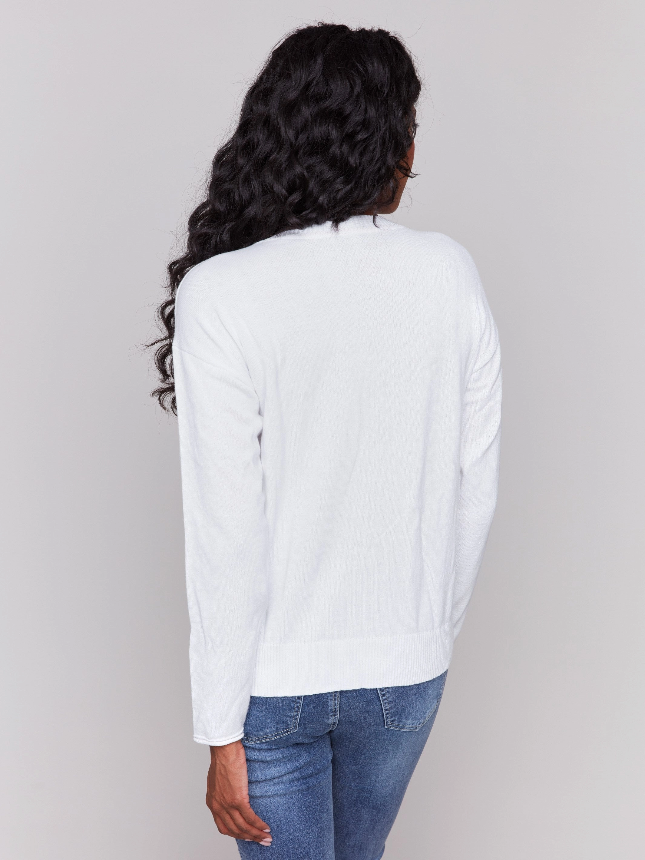 Cotton Knit Sweater with Beach Print - White Knitted Layer