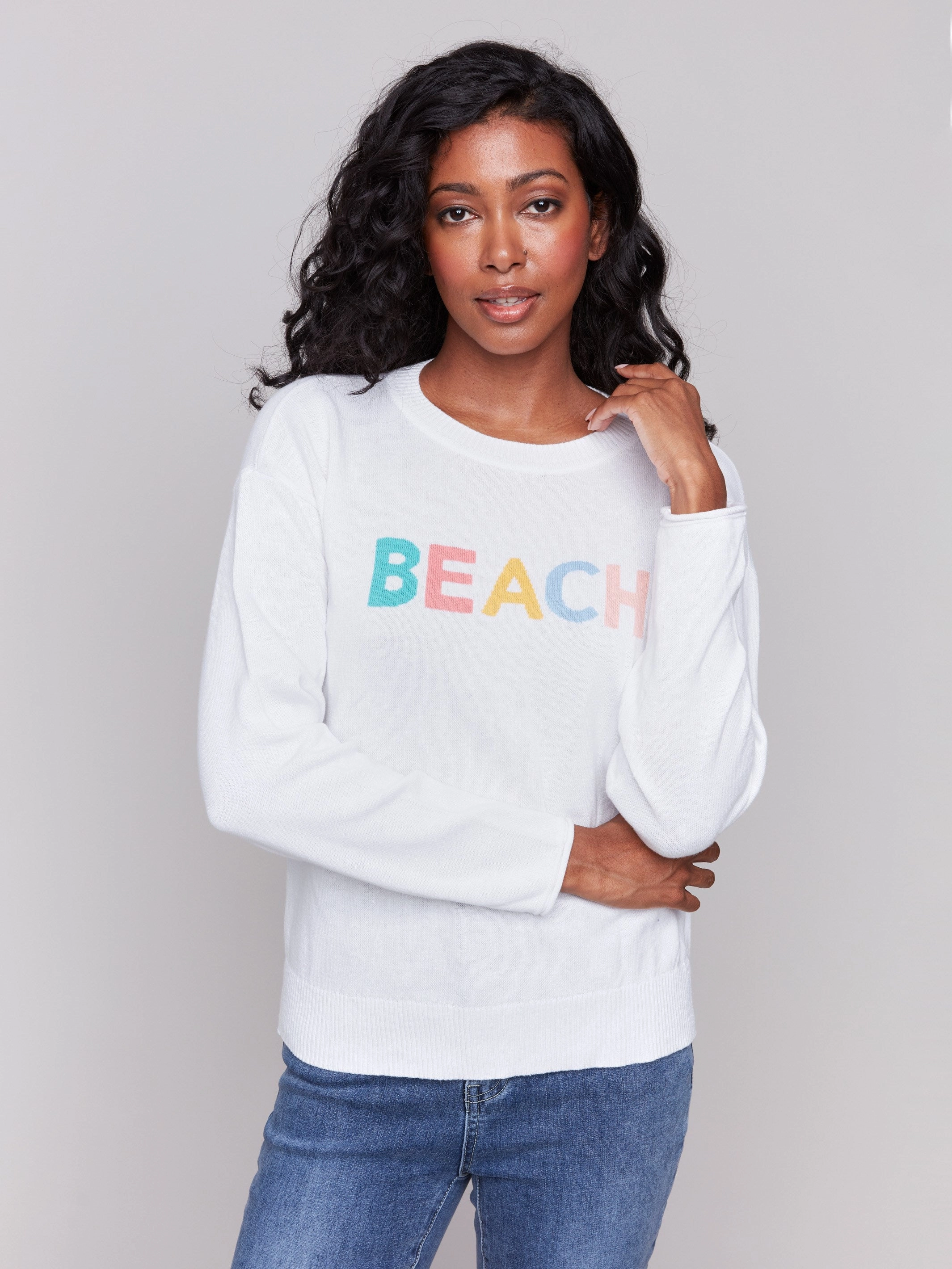 Cotton Knit Sweater with Beach Print - White Layered Comfort Wear