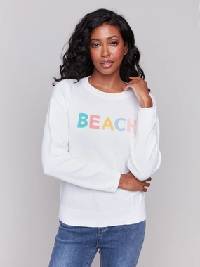 Cotton Knit Sweater with Beach Print - White Layered Comfort Wear