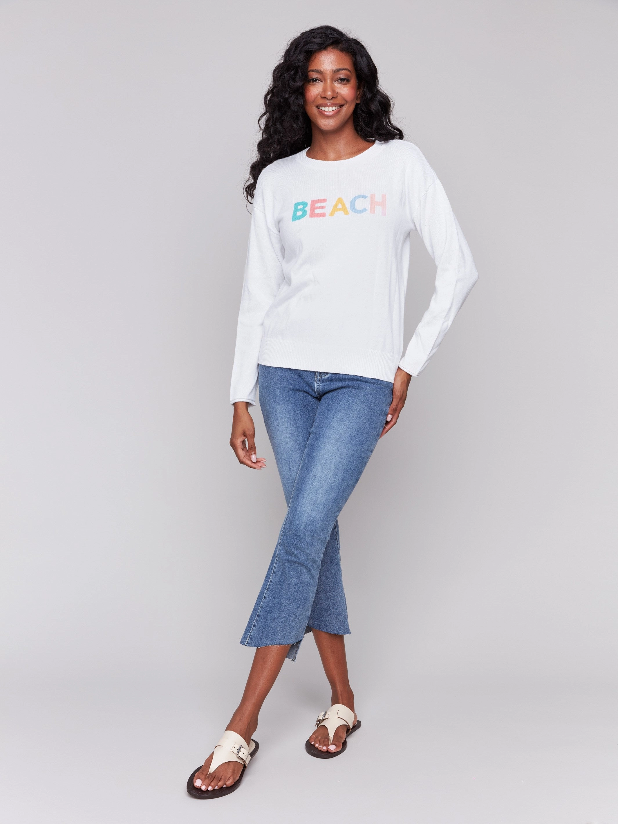 Cotton Knit Sweater with Beach Print - White Active Comfort Breathable Look
