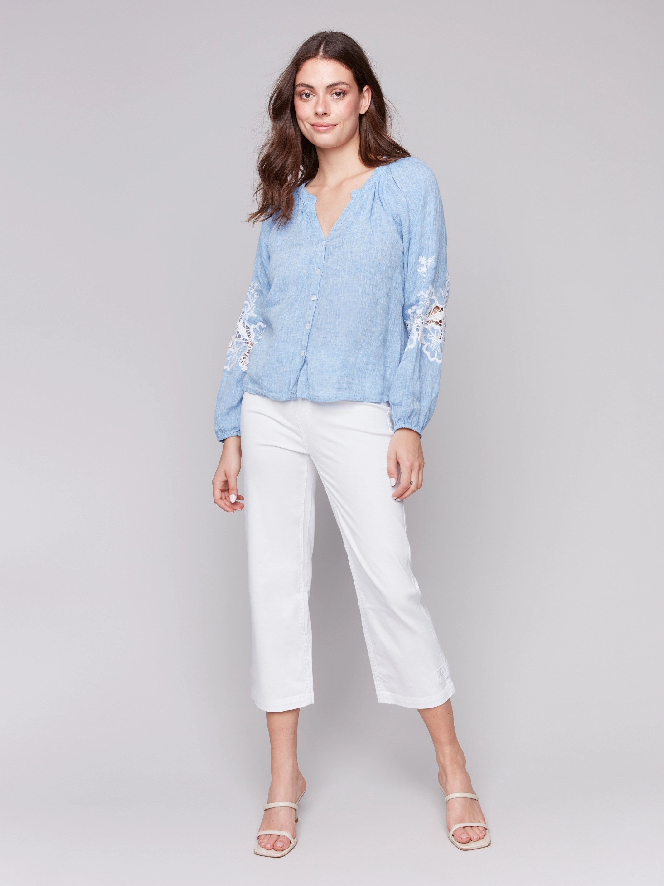 Athletic Cut Embroidered Detail Cotton-Linen Button-Front Blouse with Embroidery - Chambray