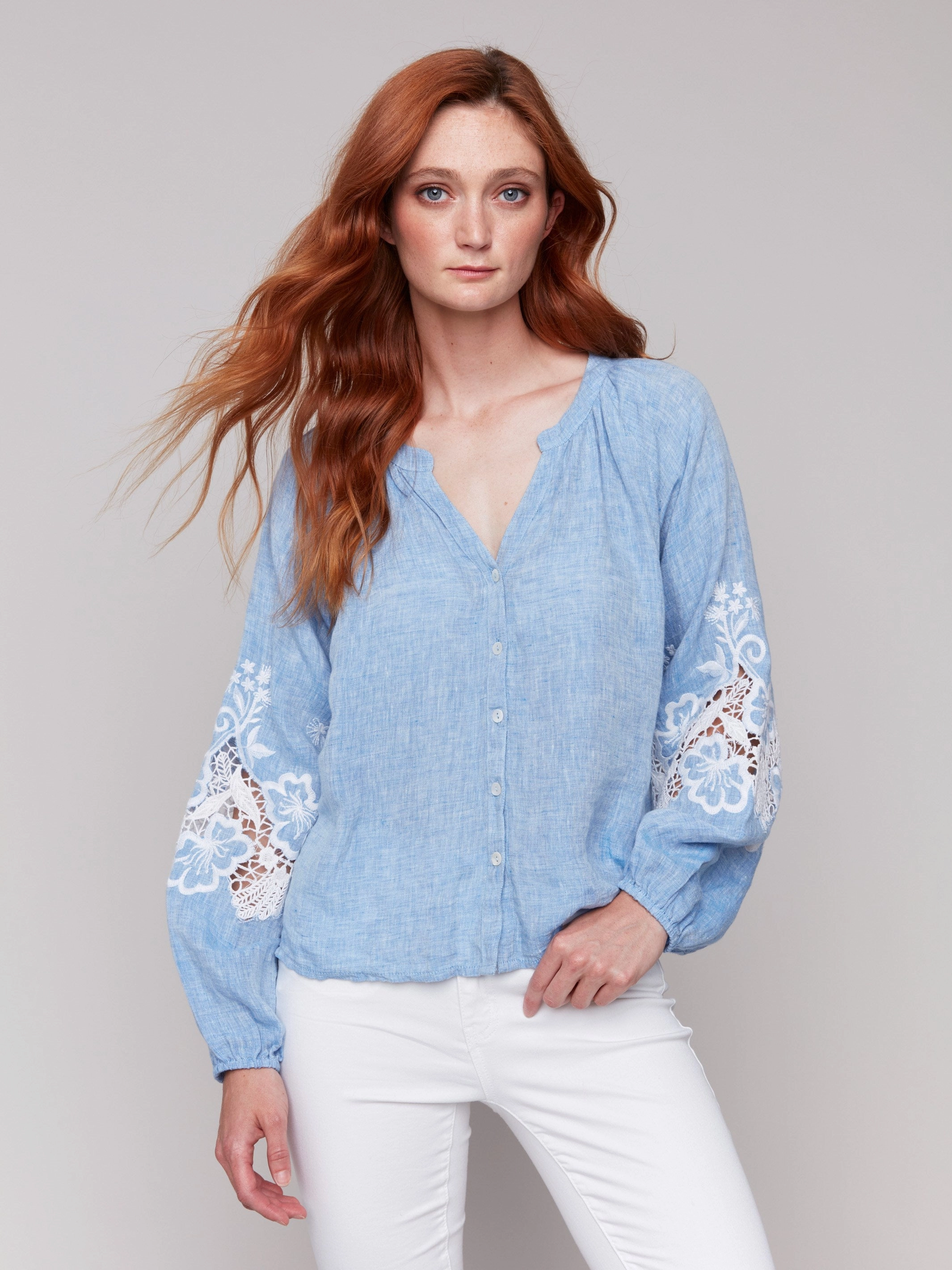 Cotton-Linen Button-Front Blouse with Embroidery - Chambray Anti Pilling Finish