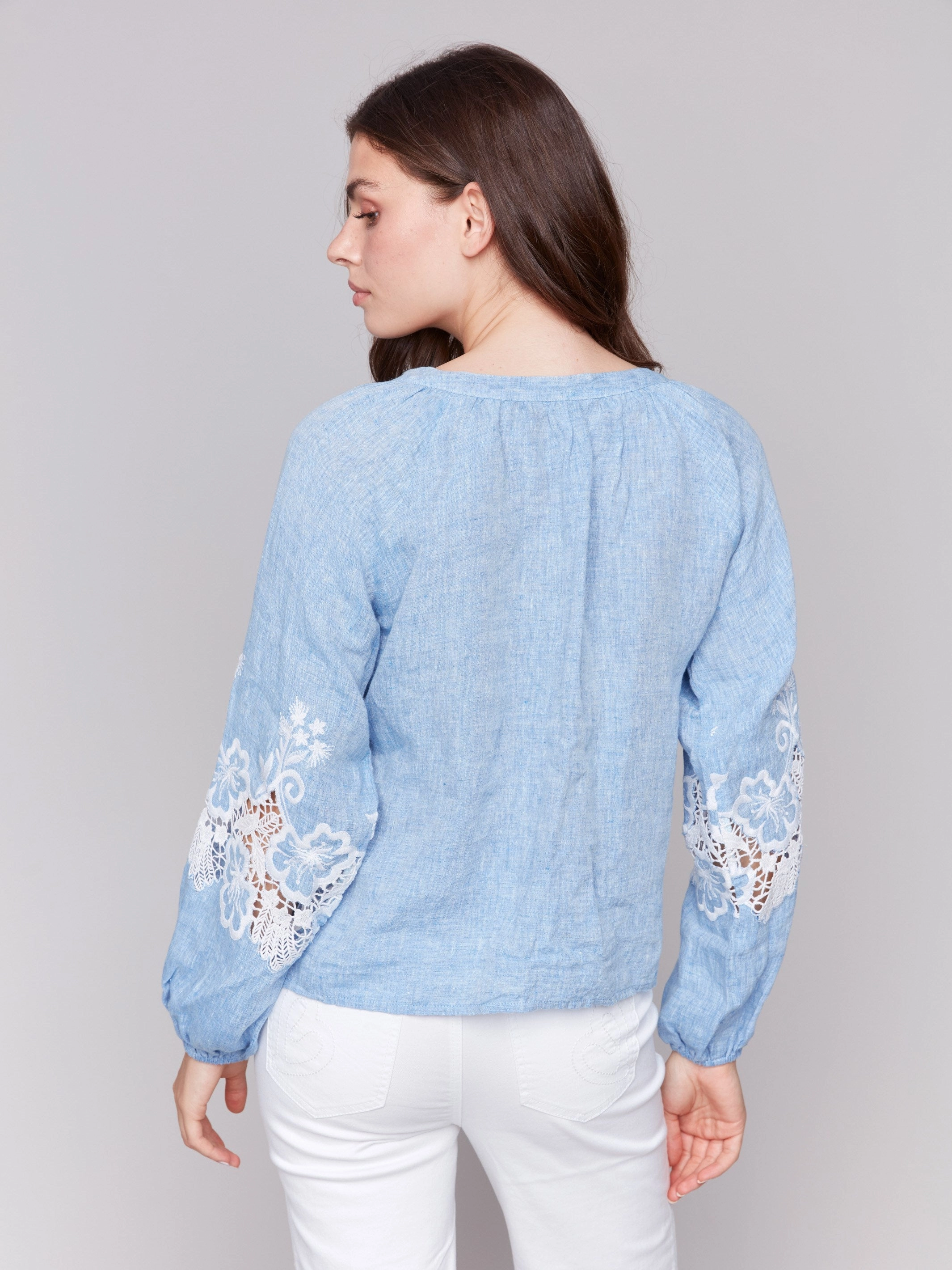Layered Design Cotton-Linen Button-Front Blouse with Embroidery - Chambray