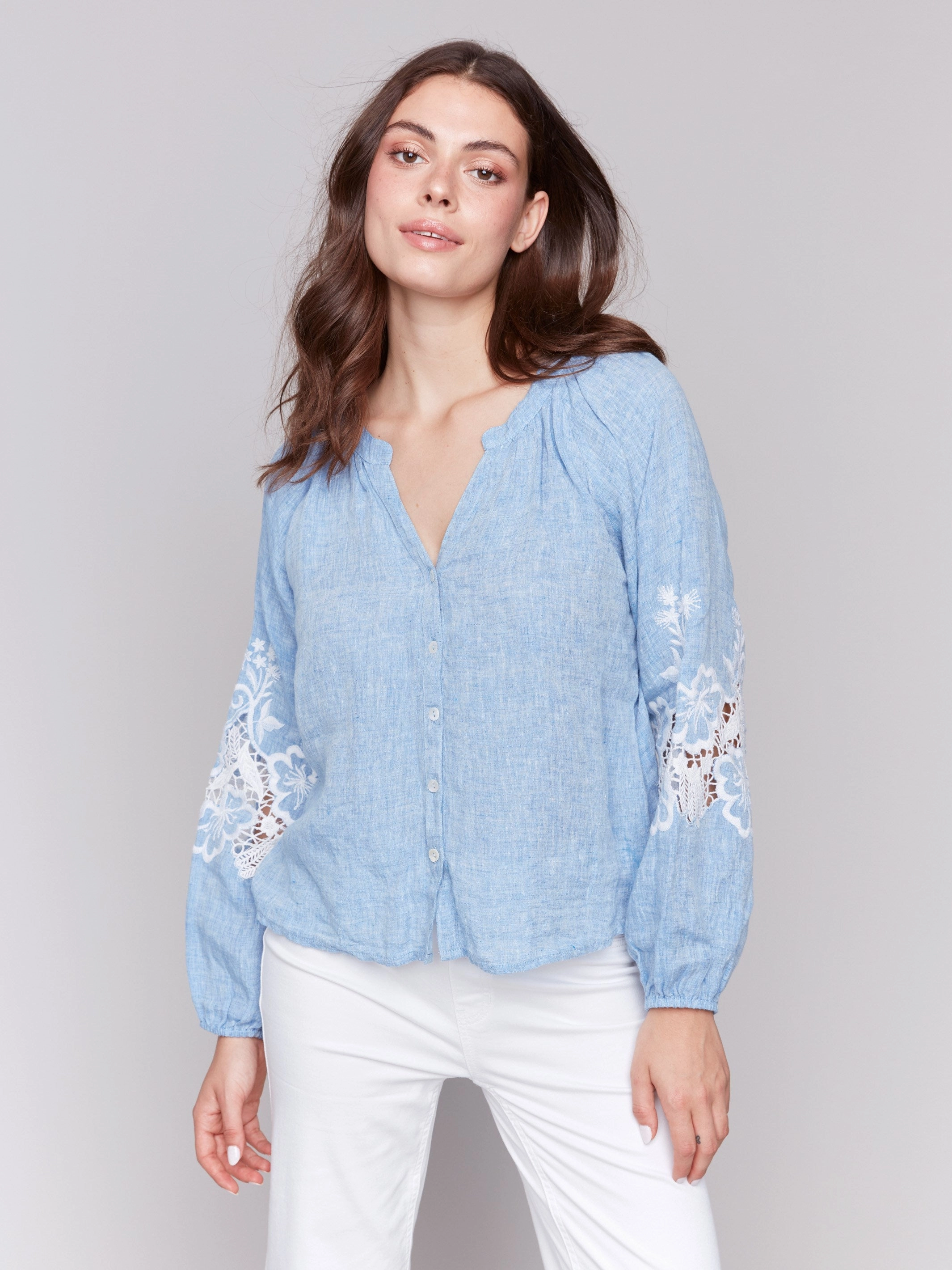 Cotton-Linen Button-Front Blouse with Embroidery - Chambray Resort Wear