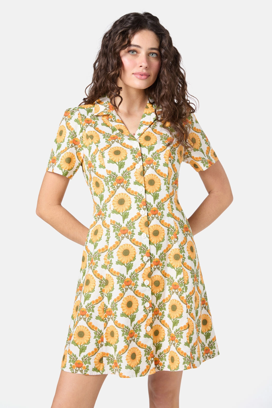 Casual Waist Sunflower Mini Shirt Dress