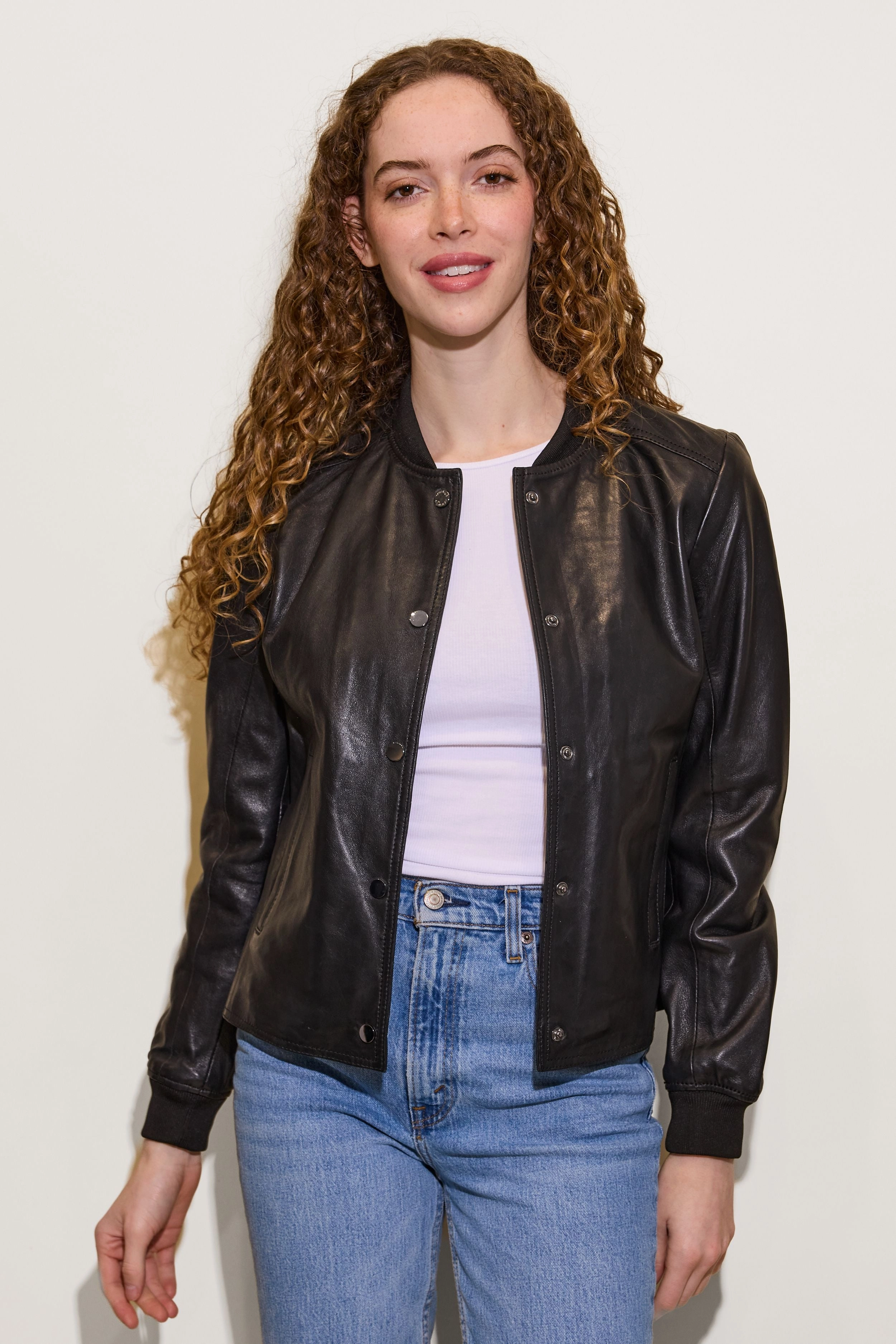 YELE RF SNAP FRONT LEATHER BOMBER JACKET Non Restrictive Cut