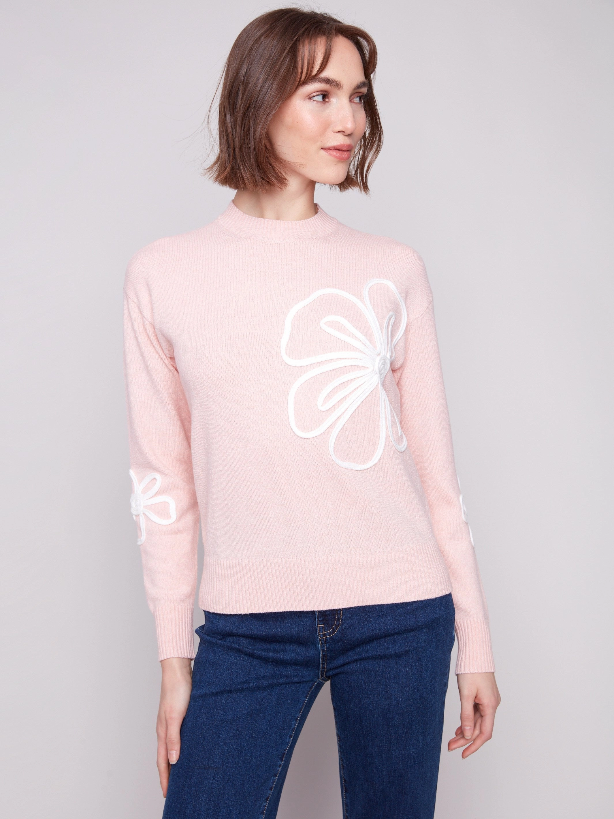 Audio Customizable Crew Neck Floral Soutache Sweater - Heather Ballet