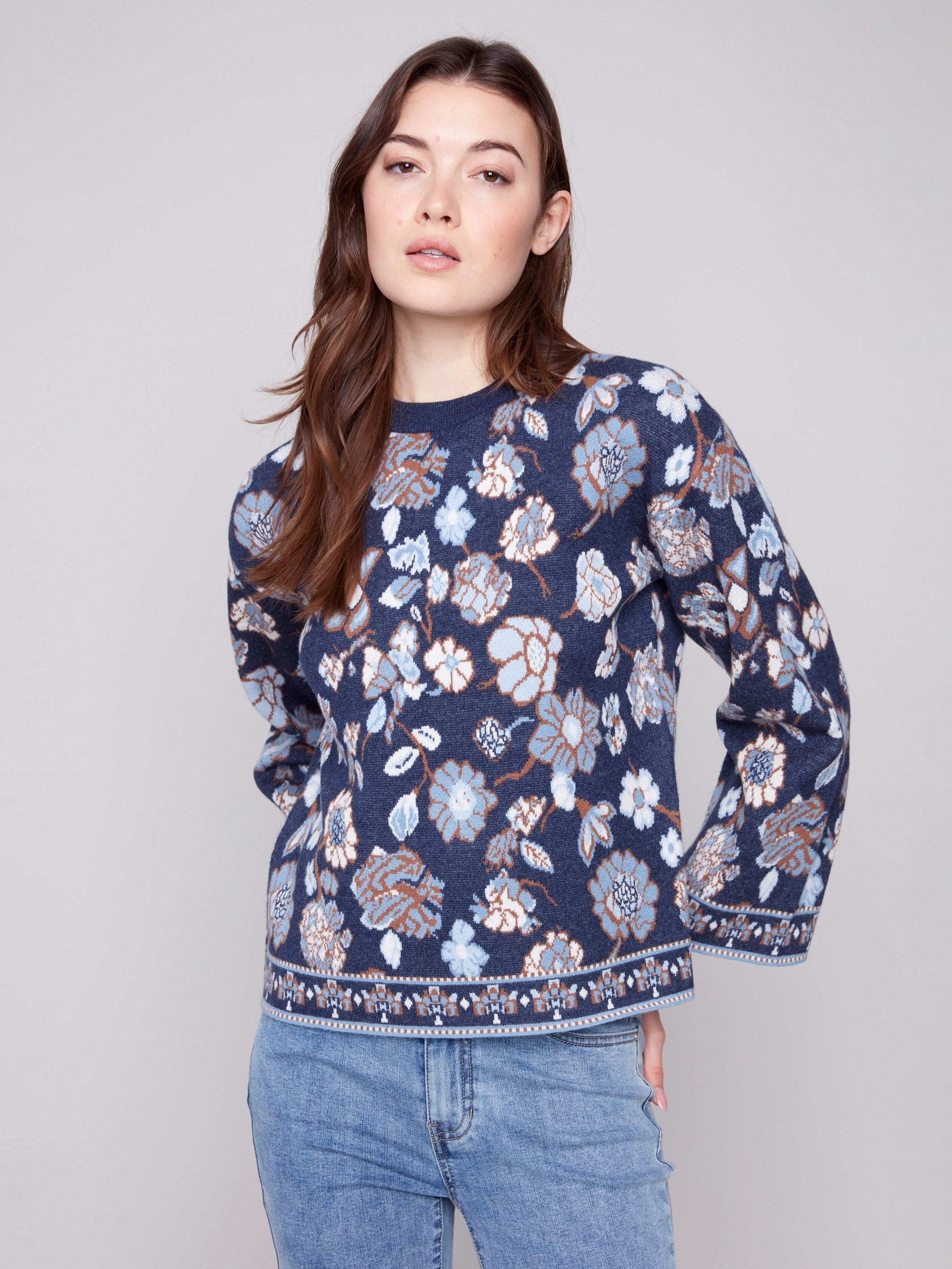 Crew Neck Jacquard Sweater - Floral Rural road