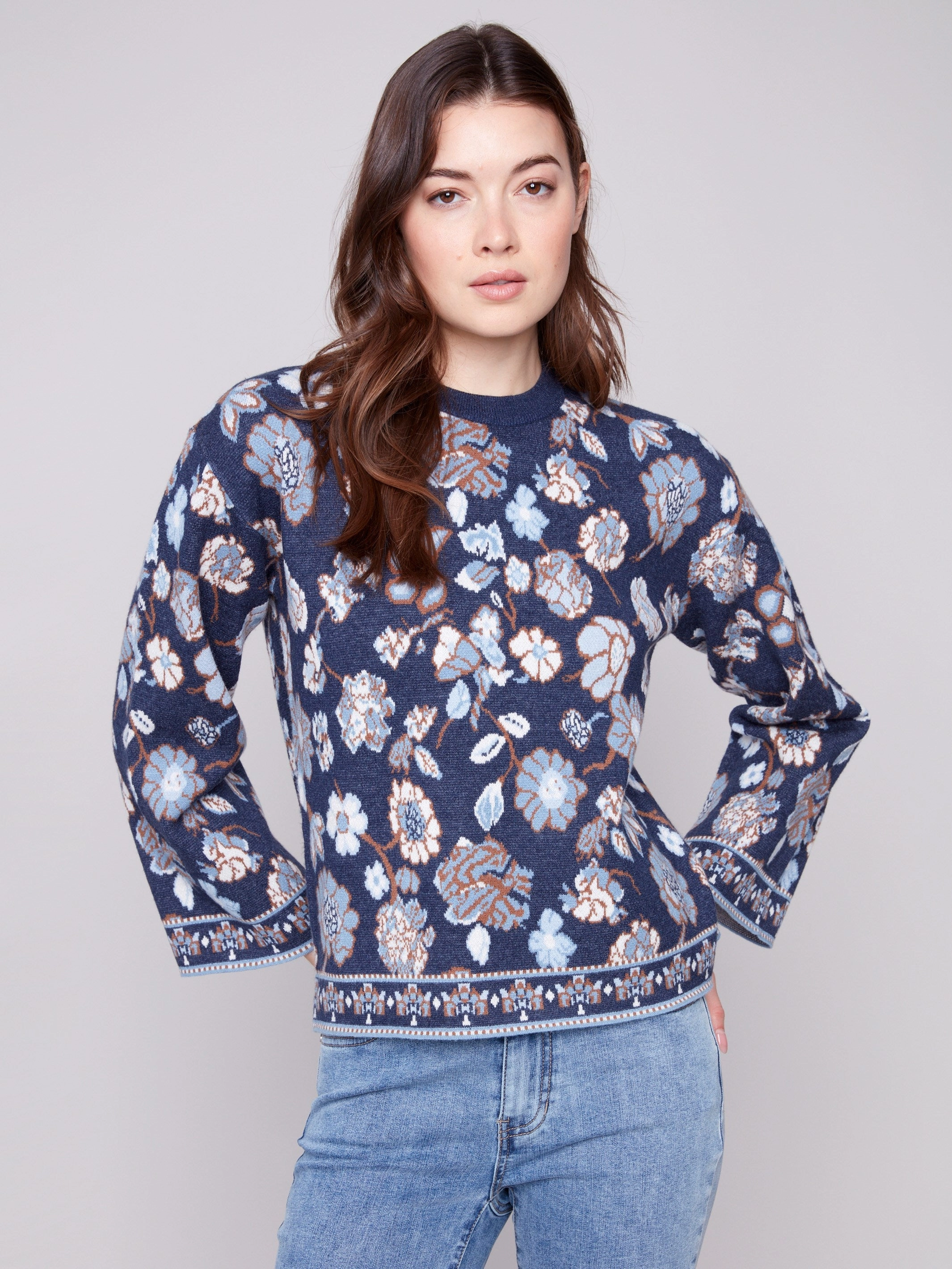Crew Neck Jacquard Sweater - Floral Desert related bag