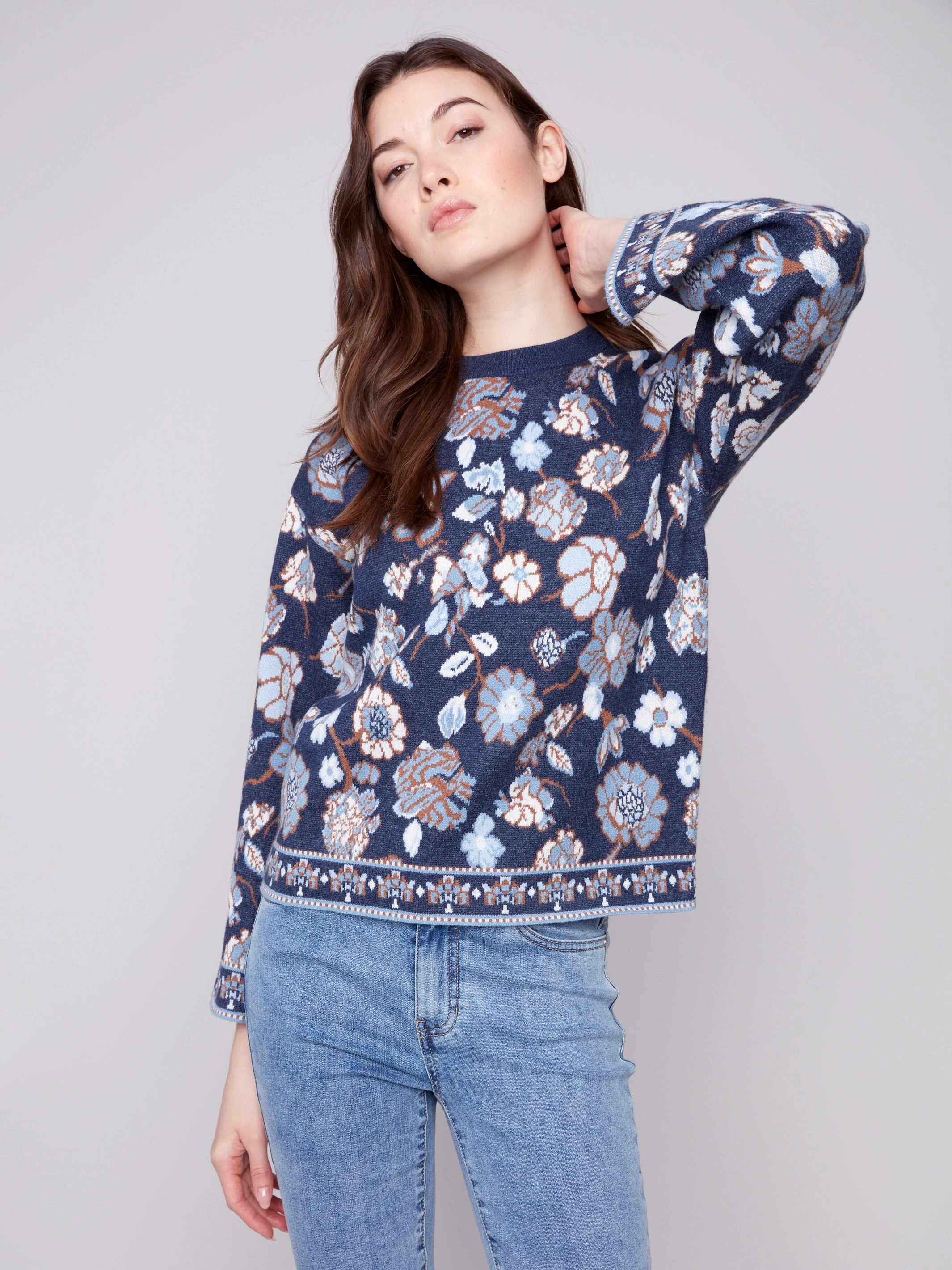 Children's style Crew Neck Jacquard Sweater - Floral