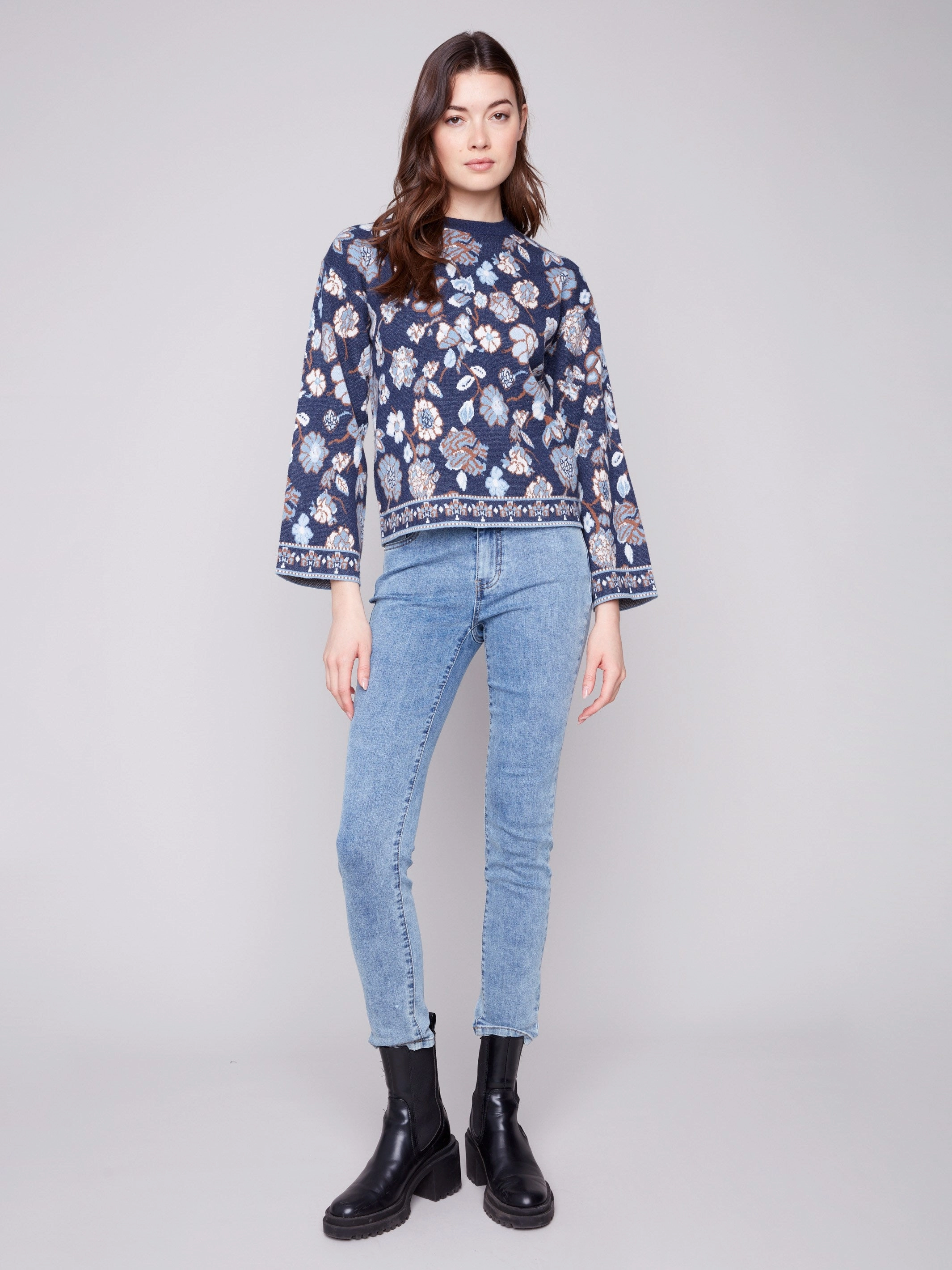 Customizable Decor Crew Neck Jacquard Sweater - Floral