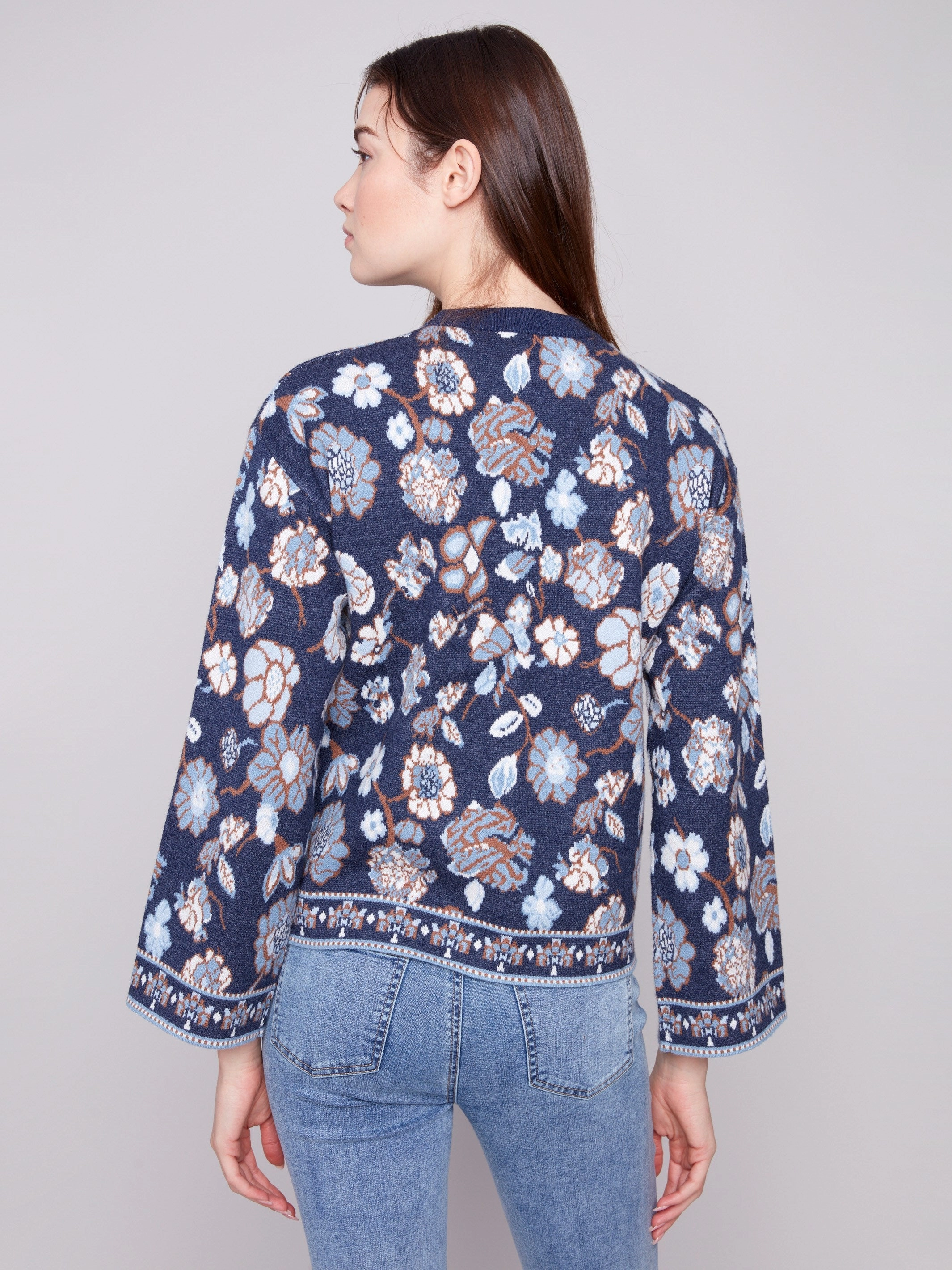Crew Neck Jacquard Sweater - Floral Teenager Chocolate