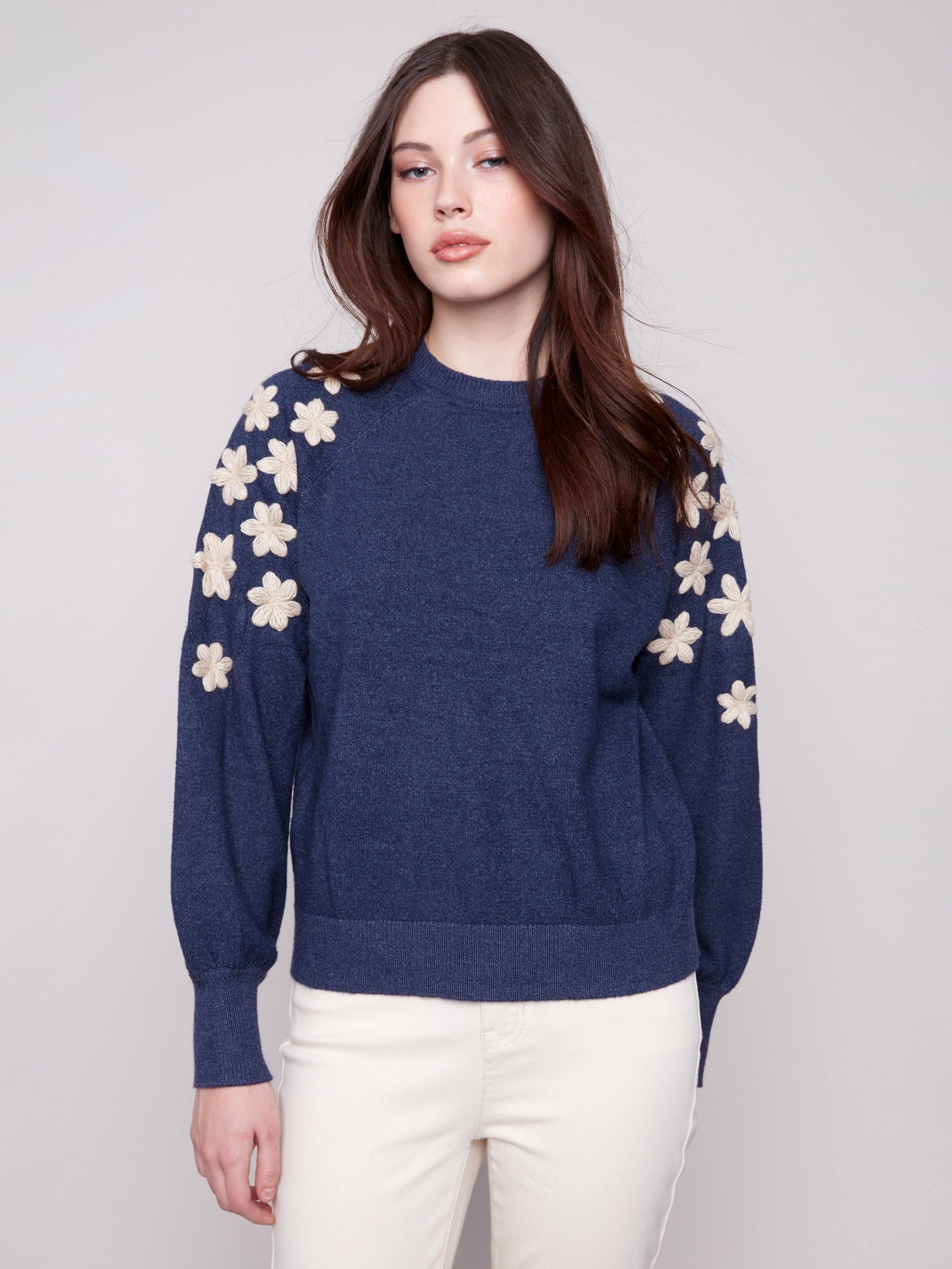 Crew Neck Sweater With Embroidered Flowers - Heather Denim Sleep