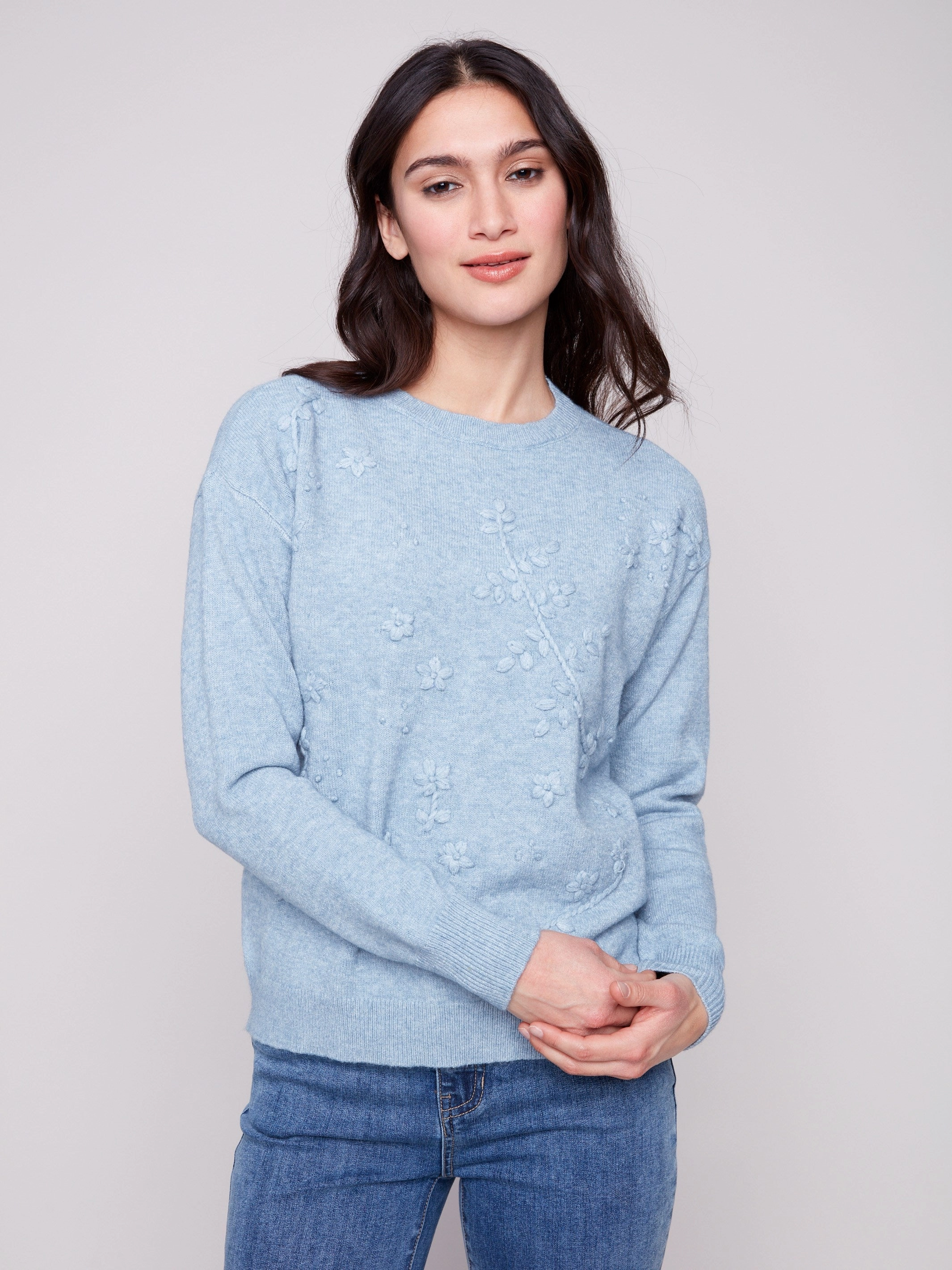 Crew Neck Sweater with Tonal Embroidery - Heather Oxford Polished Repair