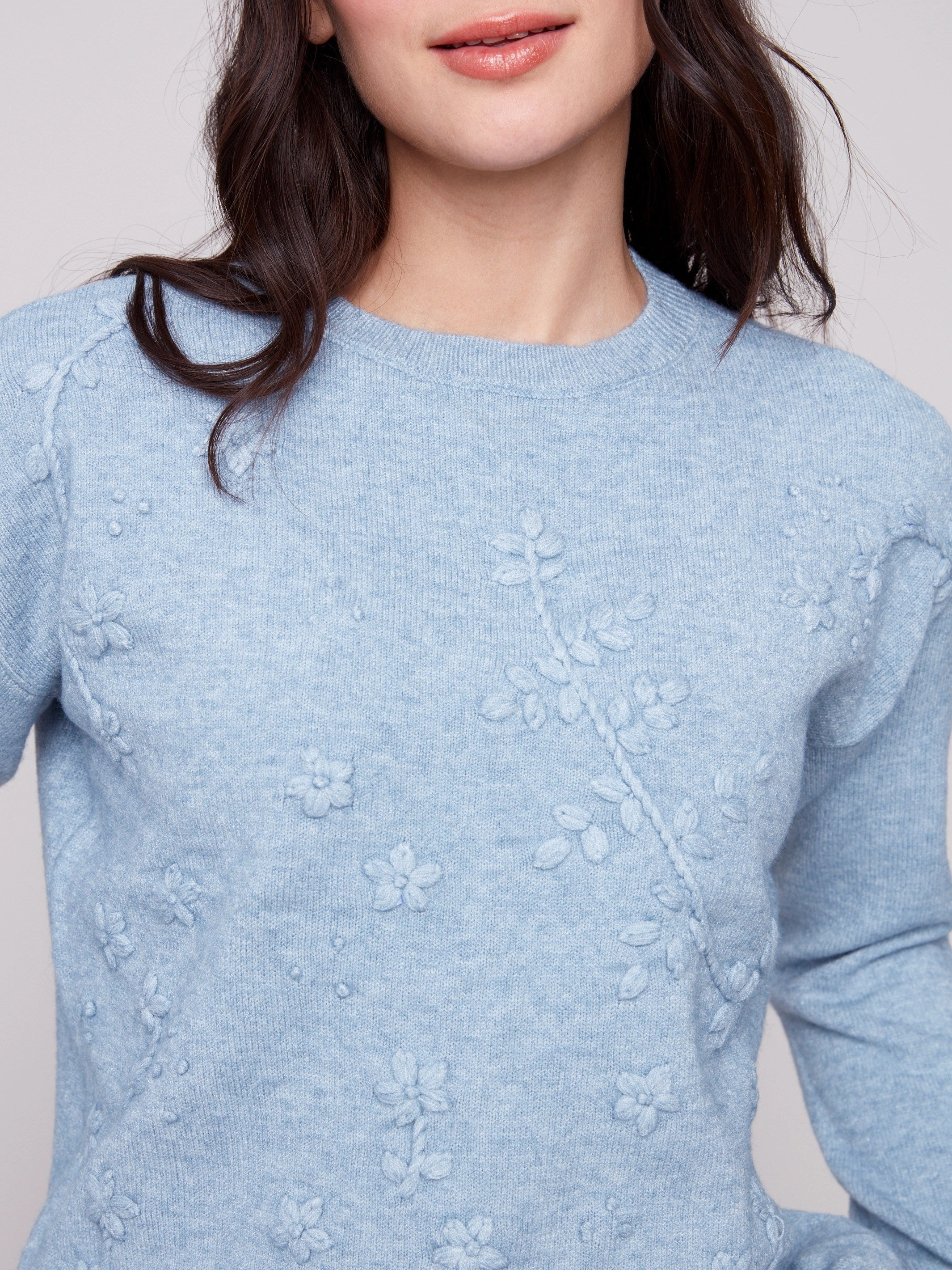 Crew Neck Sweater with Tonal Embroidery - Heather Oxford Non Restrictive Tailoring Tight Fit