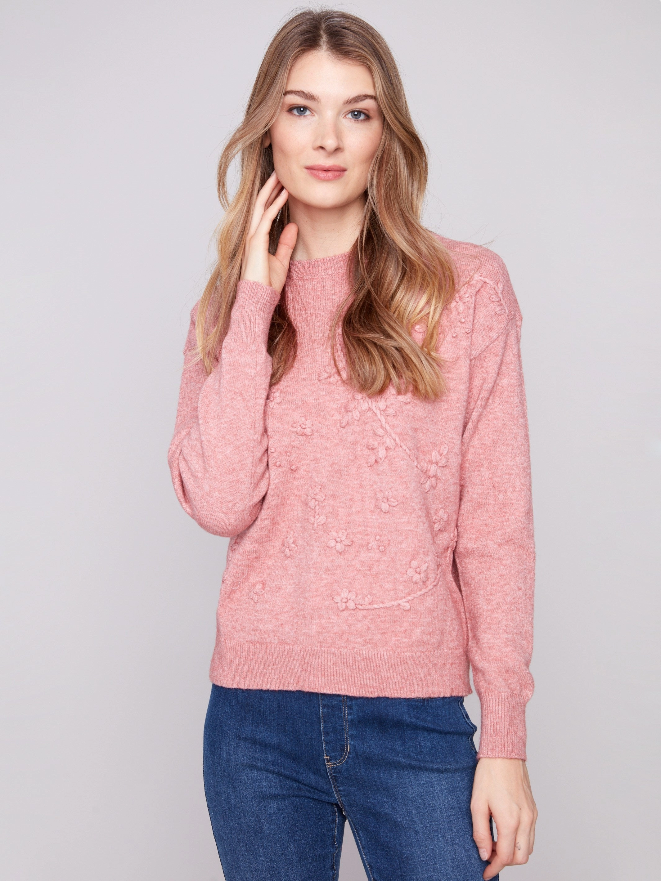 Crew Neck Sweater with Tonal Embroidery - Heather Primrose Plateau area