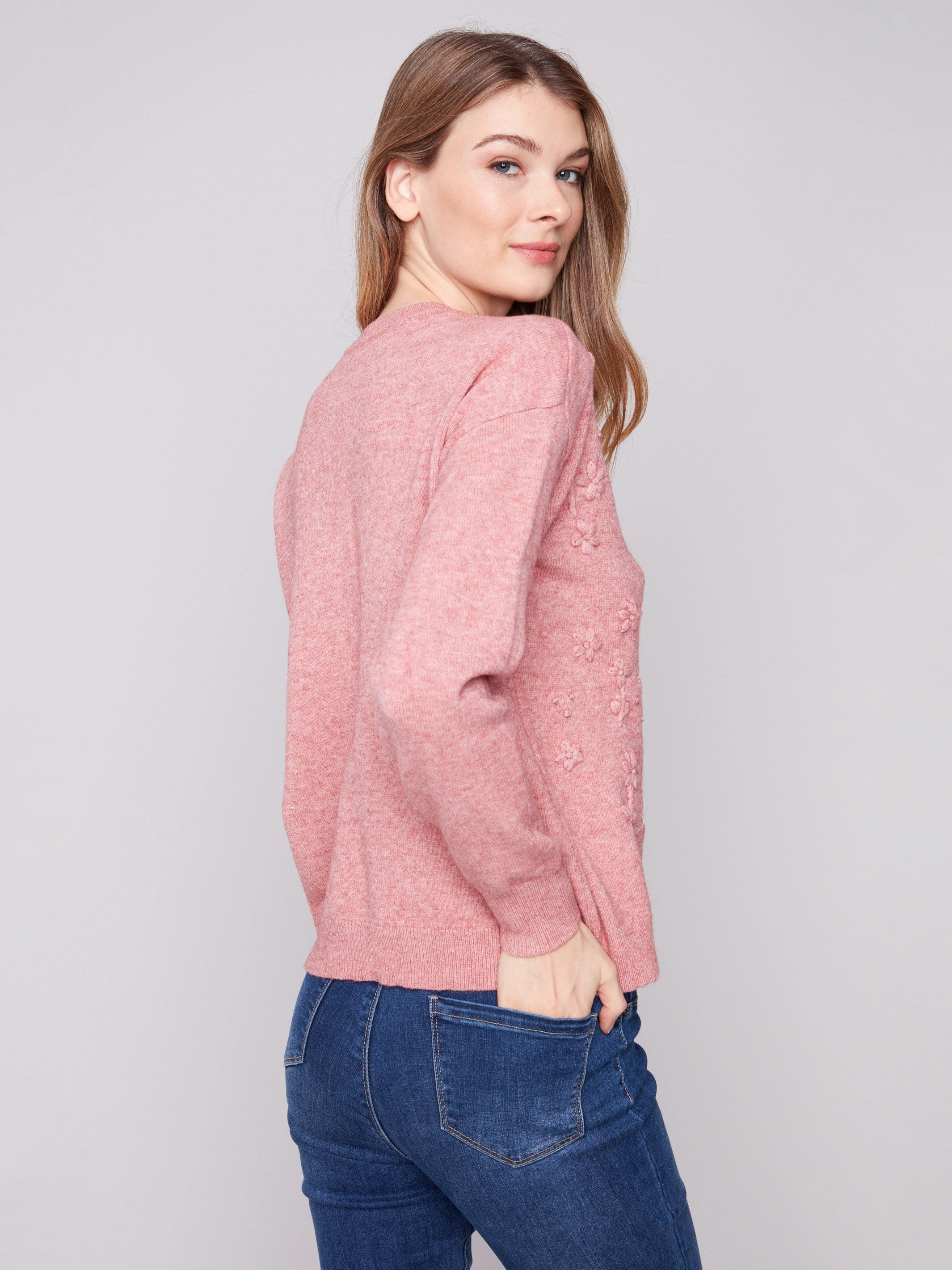 Crew Neck Sweater with Tonal Embroidery - Heather Primrose Social media Purse