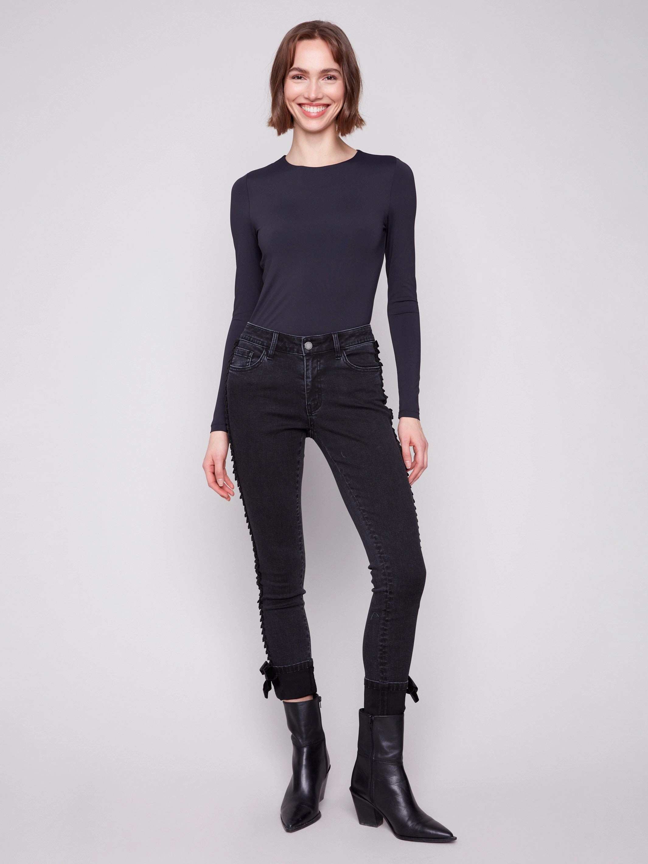 Slim Leg Jeans With Velvet Bow - Charcoal Contemporary Look