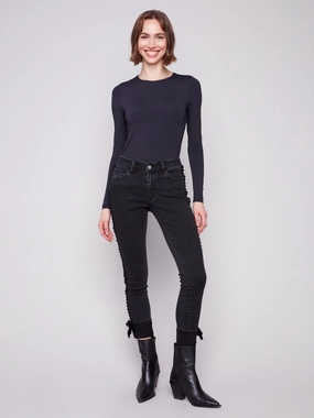 Slim Leg Jeans With Velvet Bow - Charcoal Contemporary Look