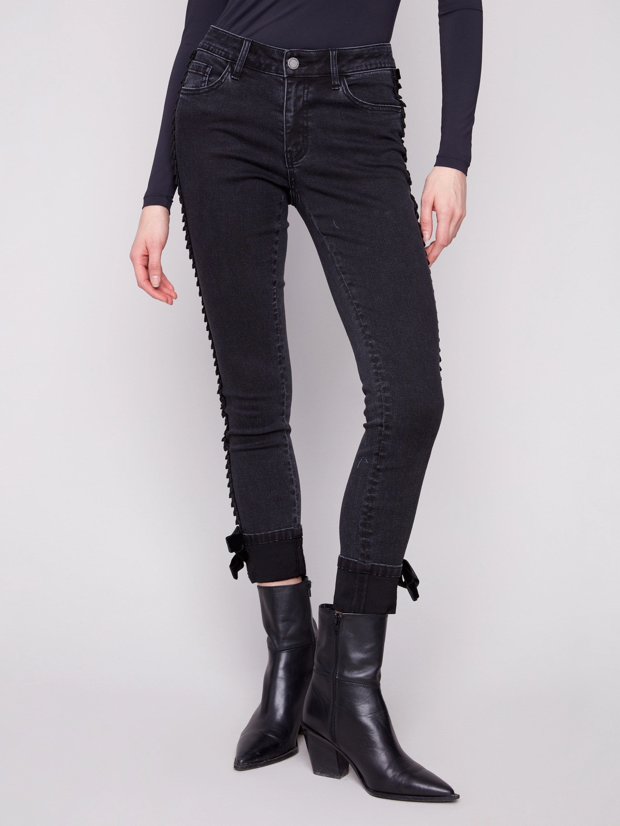 Slim Leg Jeans With Velvet Bow - Charcoal Any Occasion Softened Texture