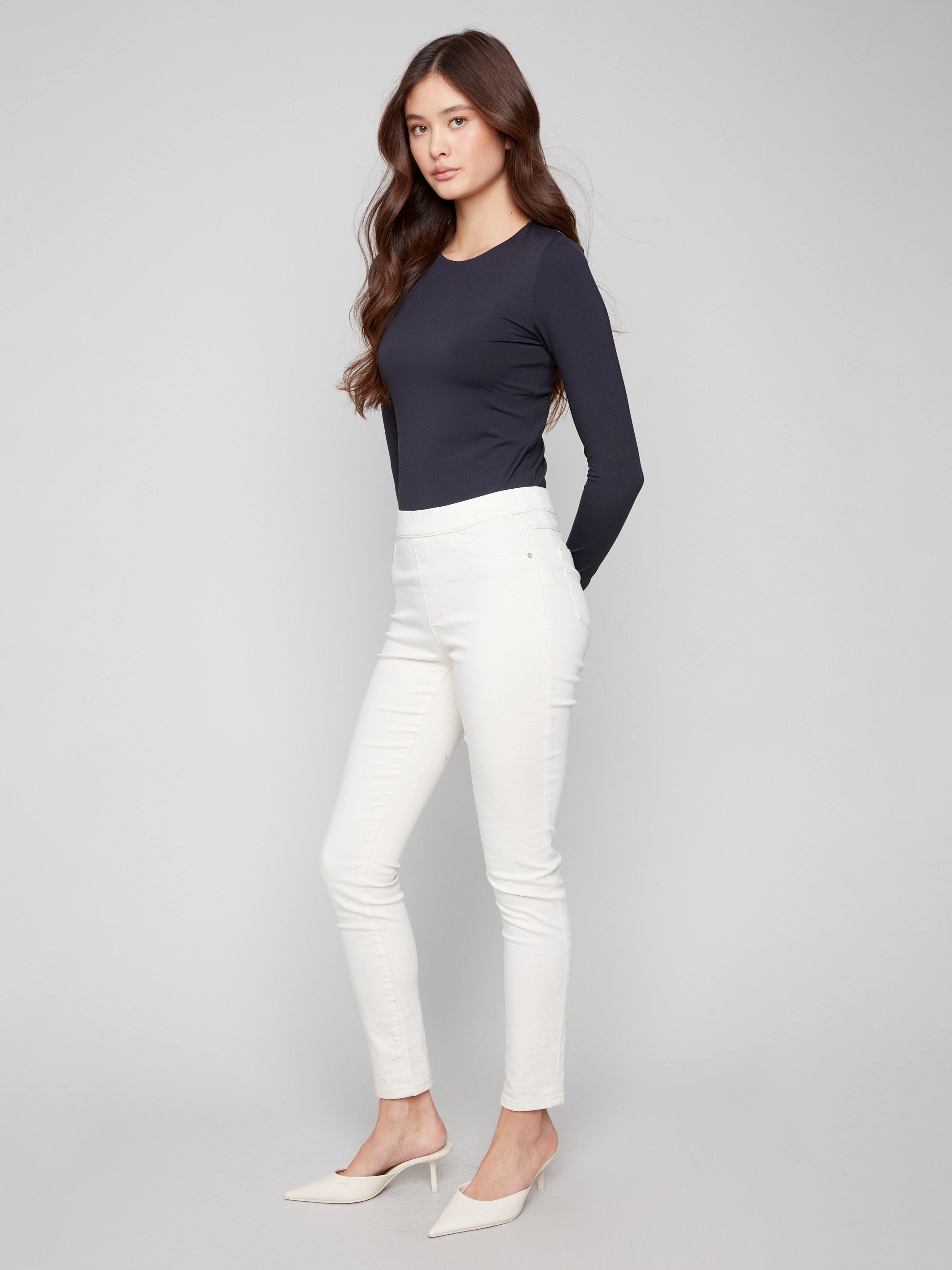 Raw Hem Design Comfy Waist Twill Pull-On Pants - Natural